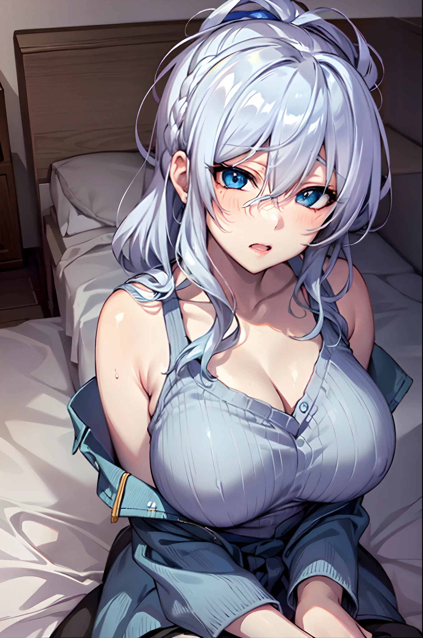 Yukino, in bed, silver hair and  blue eyes, light shirt, anime visual of a cute girl, screenshot from the anime film, & her expression is solemn, ahegao face, in the anime film, in an anime, anime visual of a young woman, she has a cute expressive face, still from anime, big breast