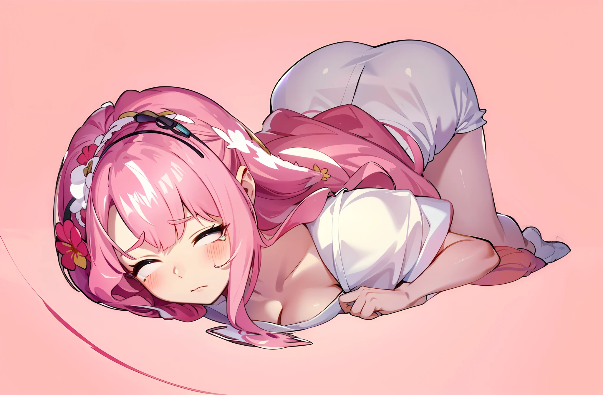 1girll, Light pink hair,Kizi,lies on the ground,Place your head on your chest,The lower body is naked,Show one's butt,sad expressions,weeping,perspire,white backgrounid,Pokemon_The cards,(Best quality), (High_quality), (Intricate_Details), (Ultra-detailed), (illustration), (distinct_image),Saito_naoki,