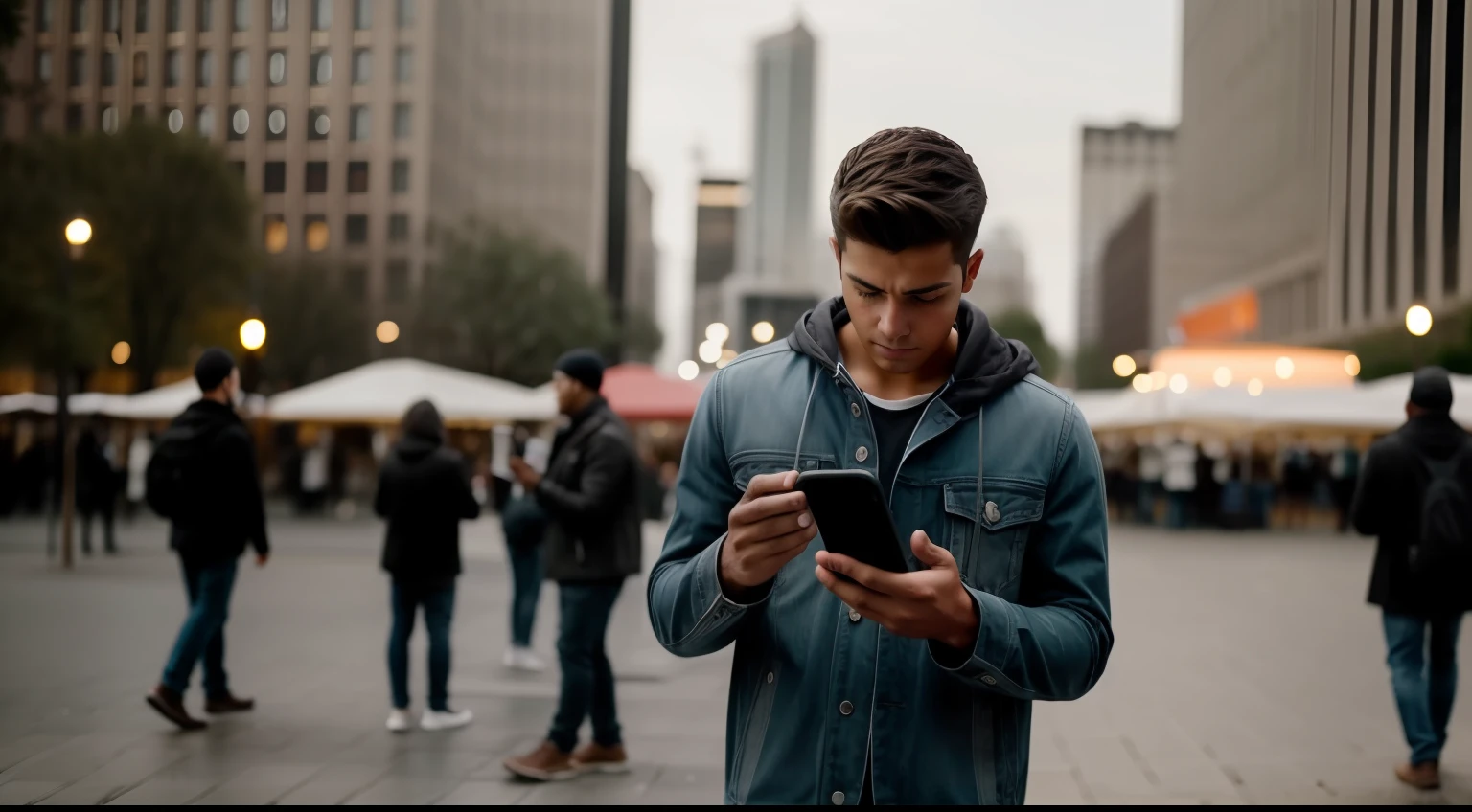 Young man turns off cell phone with determination in the square