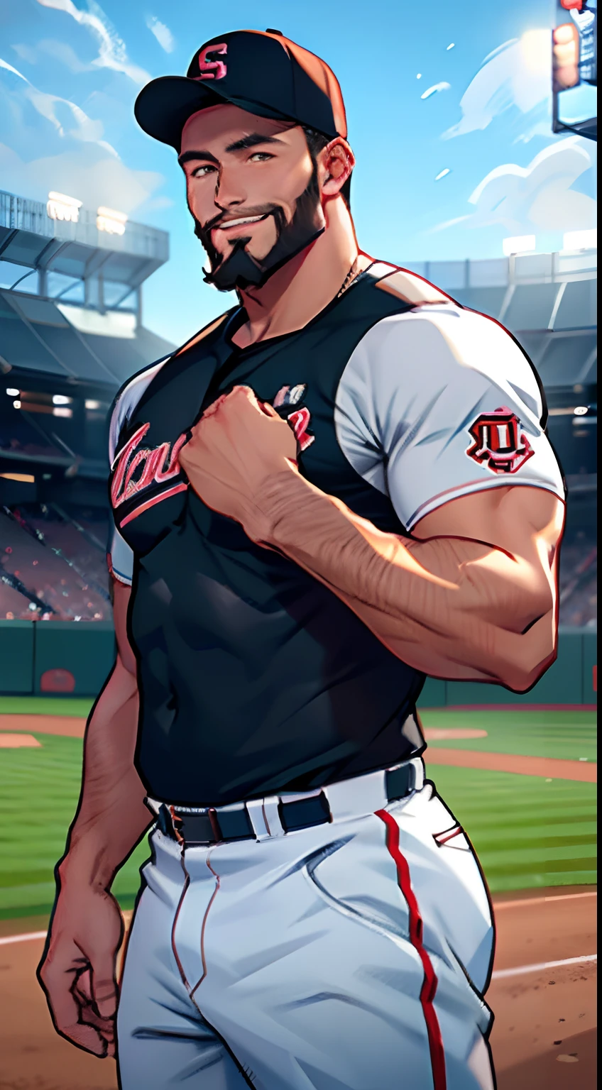 (tmasterpiece,Best quality at best),1人,32years old,musculous,Short army cut,Short beard,with brown eye,ssmile,iintricate,baseball stadium,full bodyesbian,Chubby figure,White baseball uniform,vivd colour,(depth of fields:1.4),(Abs),jumpping,