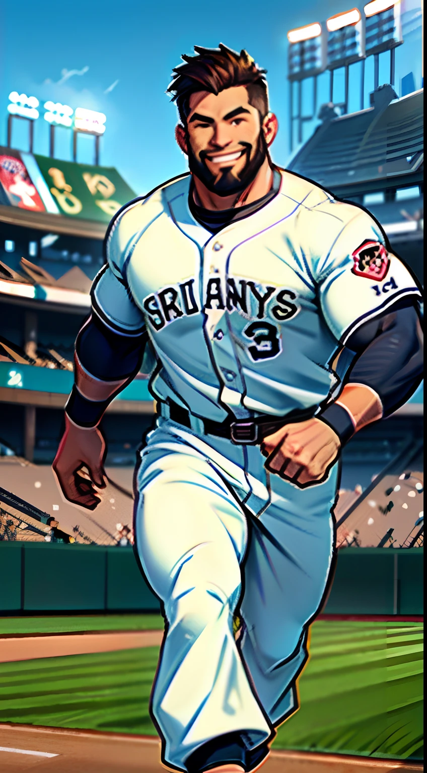 （tmasterpiece，Best quality at best），1人，32years old，musculous，Short army cut，Short beard，with brown eye，ssmile，iintricate，baseball stadium，full bodyesbian，Chubby figure，White baseball uniform，vivd colour，（depth of fields：1.4），（Abs），jumpping，
