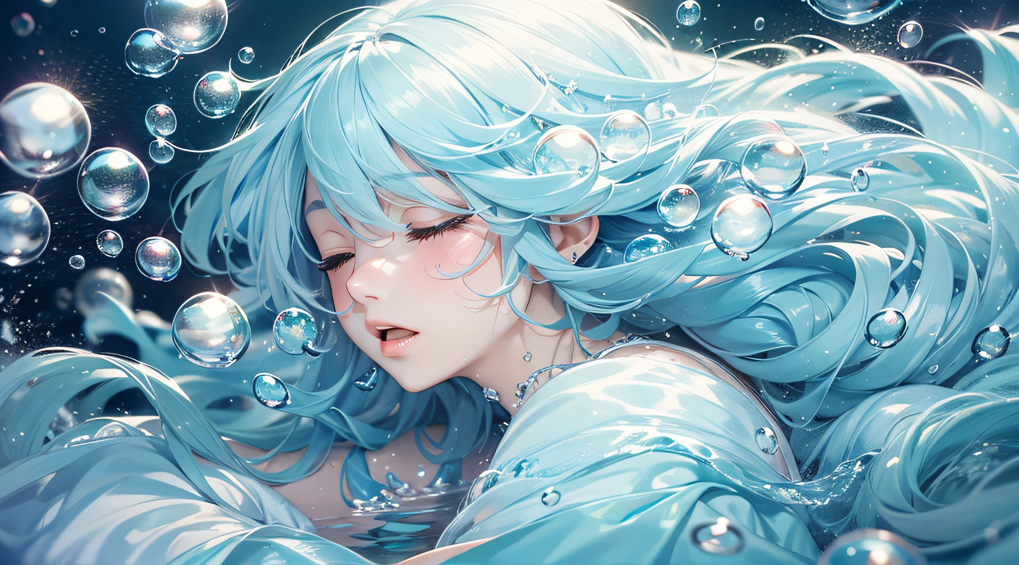 Beautiful water goddess with long light blue hair collapses on a bed of bubbles with sleepy eyes、masterpiece、realisitic