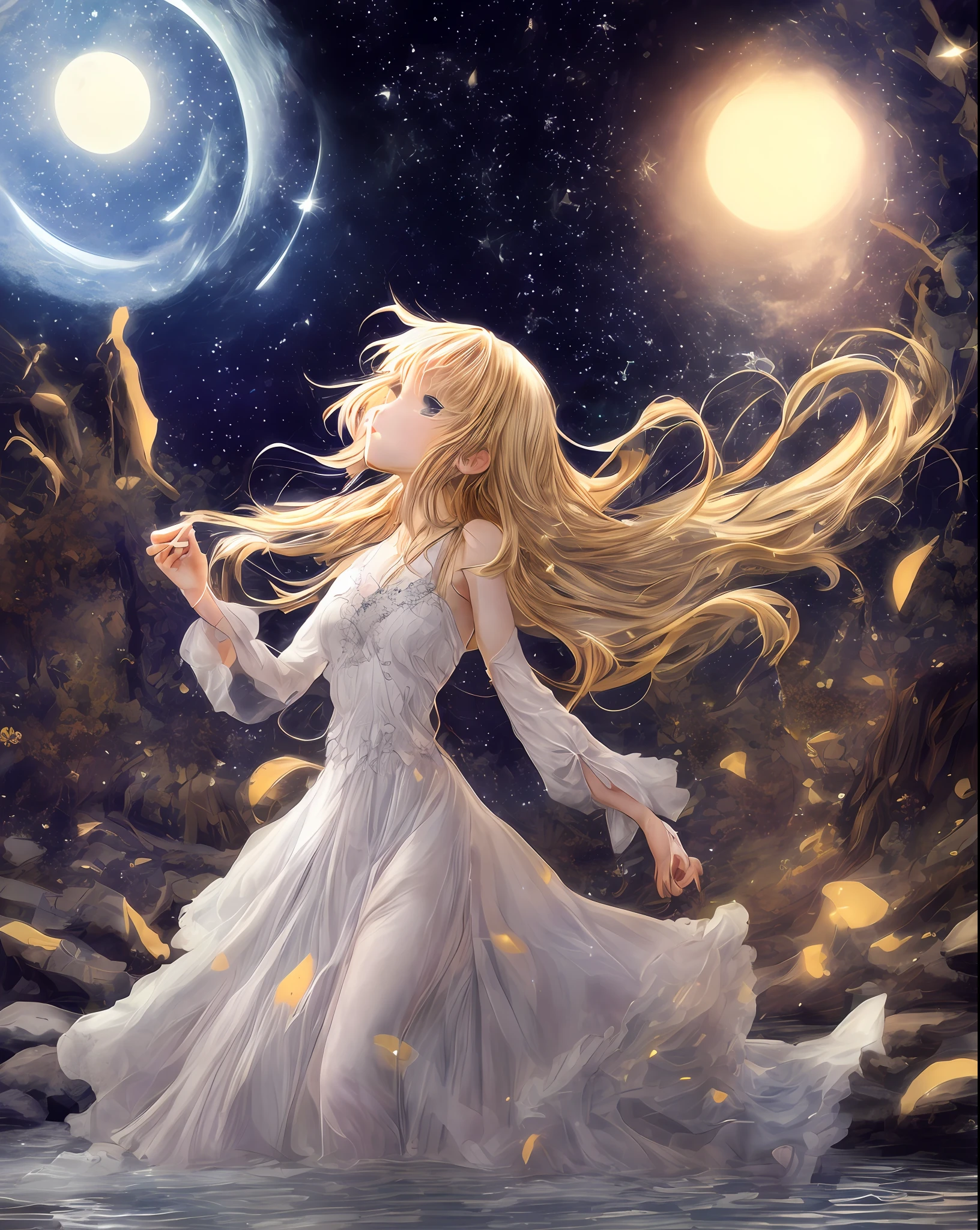 Under stained glass, shooting stars, anime girl standing, blond hair, small river reflecting the starry sky, girl long hair, white dress, crystal jewery, hair flying, delicate, night moon light