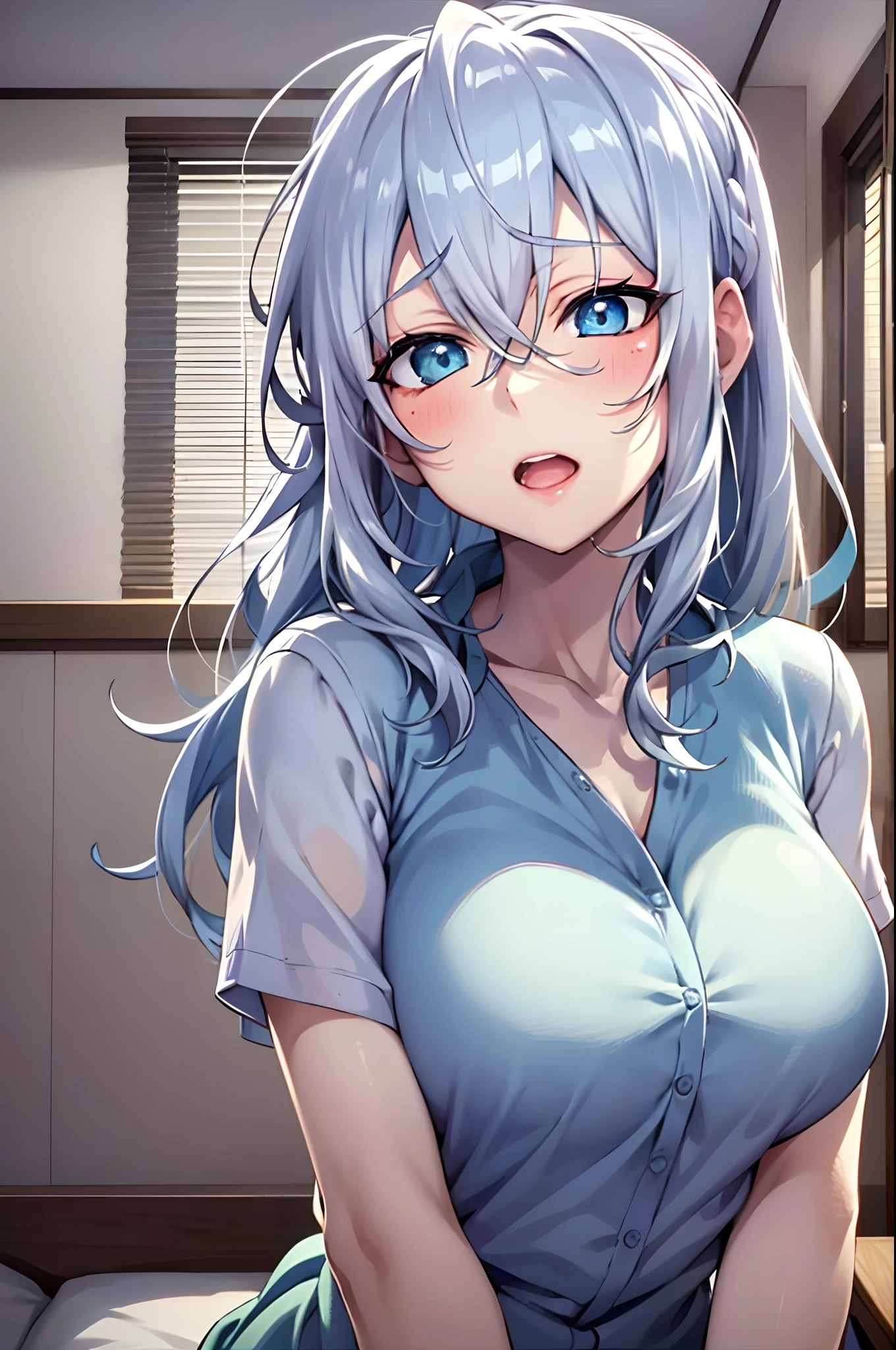 Yukino, in bed, silver hair and  blue eyes, light shirt, anime visual of a cute girl, screenshot from the anime film, & her expression is solemn, ahegao face, in the anime film, in an anime, anime visual of a young woman, she has a cute expressive face, still from anime, big breast