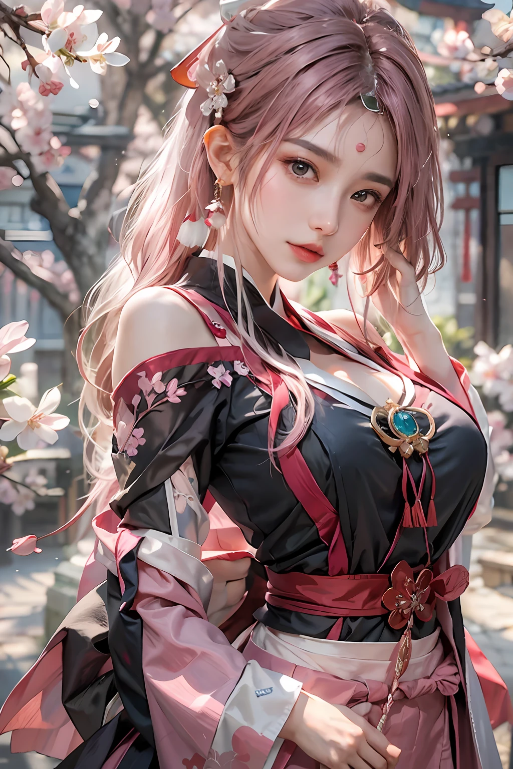 photorealistic, high resolution, 1women, solo, hips up, look at viewer, yae miko, large breasts, , cleavage,detached sleeves, bare shoulders, pink hair, long hair, open clothes, best quality, (hair ornament:1.35), jewelry, purple eyes, earrings, torii, cherry blossoms, lantern light, depth of field, detailed face, face focus, ribbon_trim, nontraditional miko, shiny skin, long sleeves