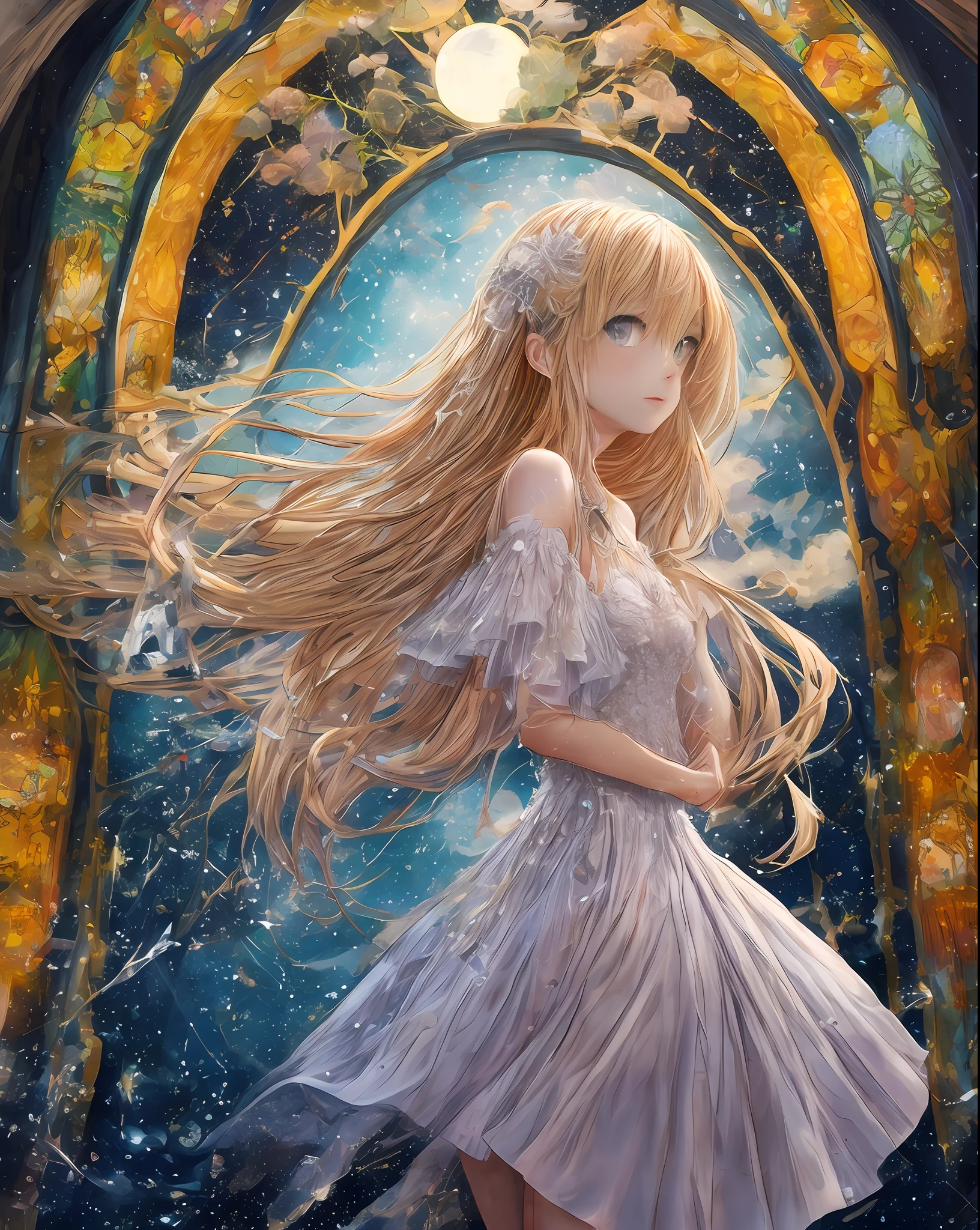 Under stained glass, shooting stars, anime girl standing, blond hair, small river reflecting the starry sky, girl long hair, white dress, crystal jewery, hair flying, delicate, night moon light