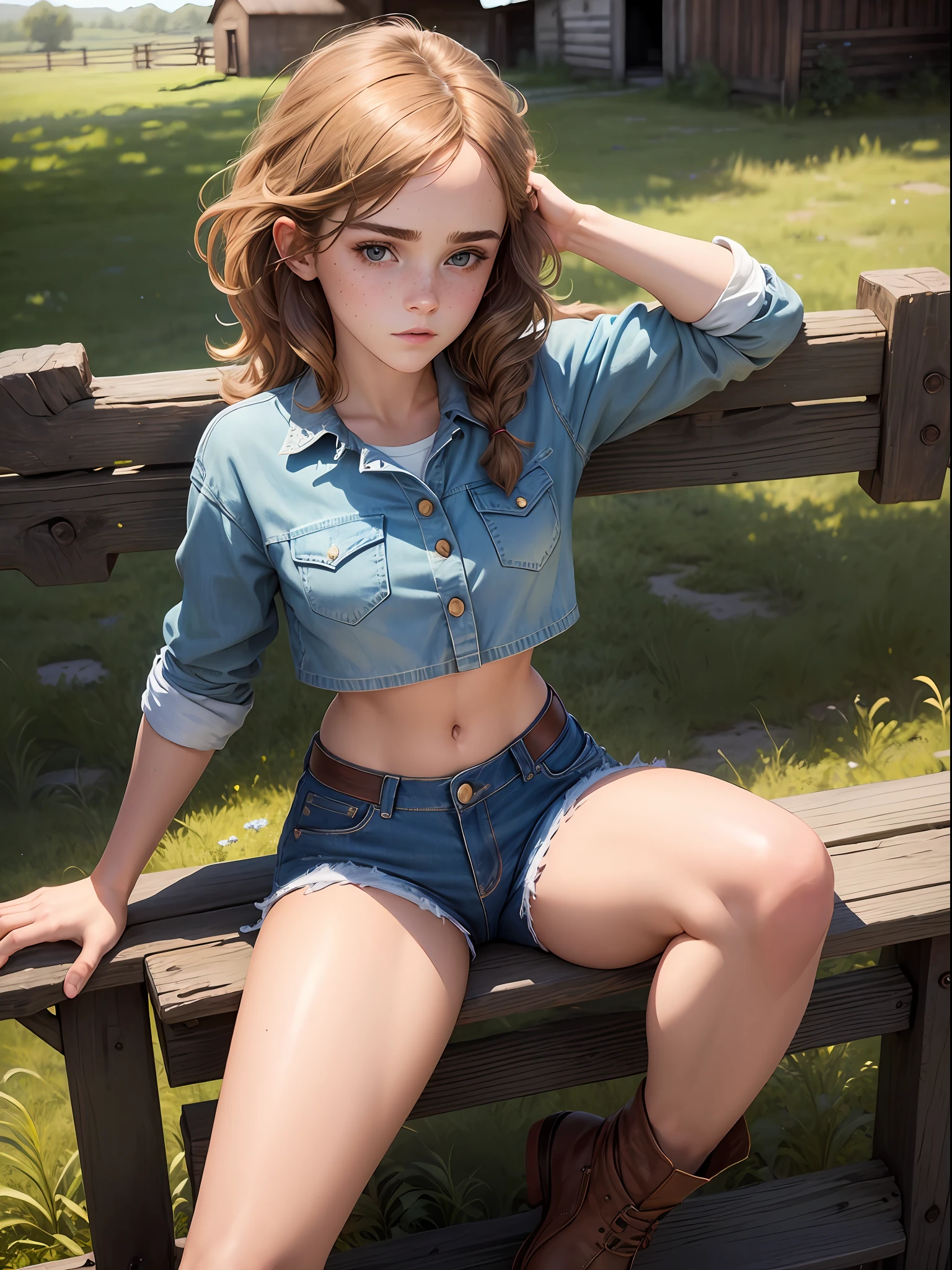 masterpiece. highly detailed. A beautiful Teen Emma Watson as a cowgirl posing in a tight denim shorts, crop top. freckles. pìgtail. She is sitting on a fence outside a barn. sparkly hair. shiny skin.