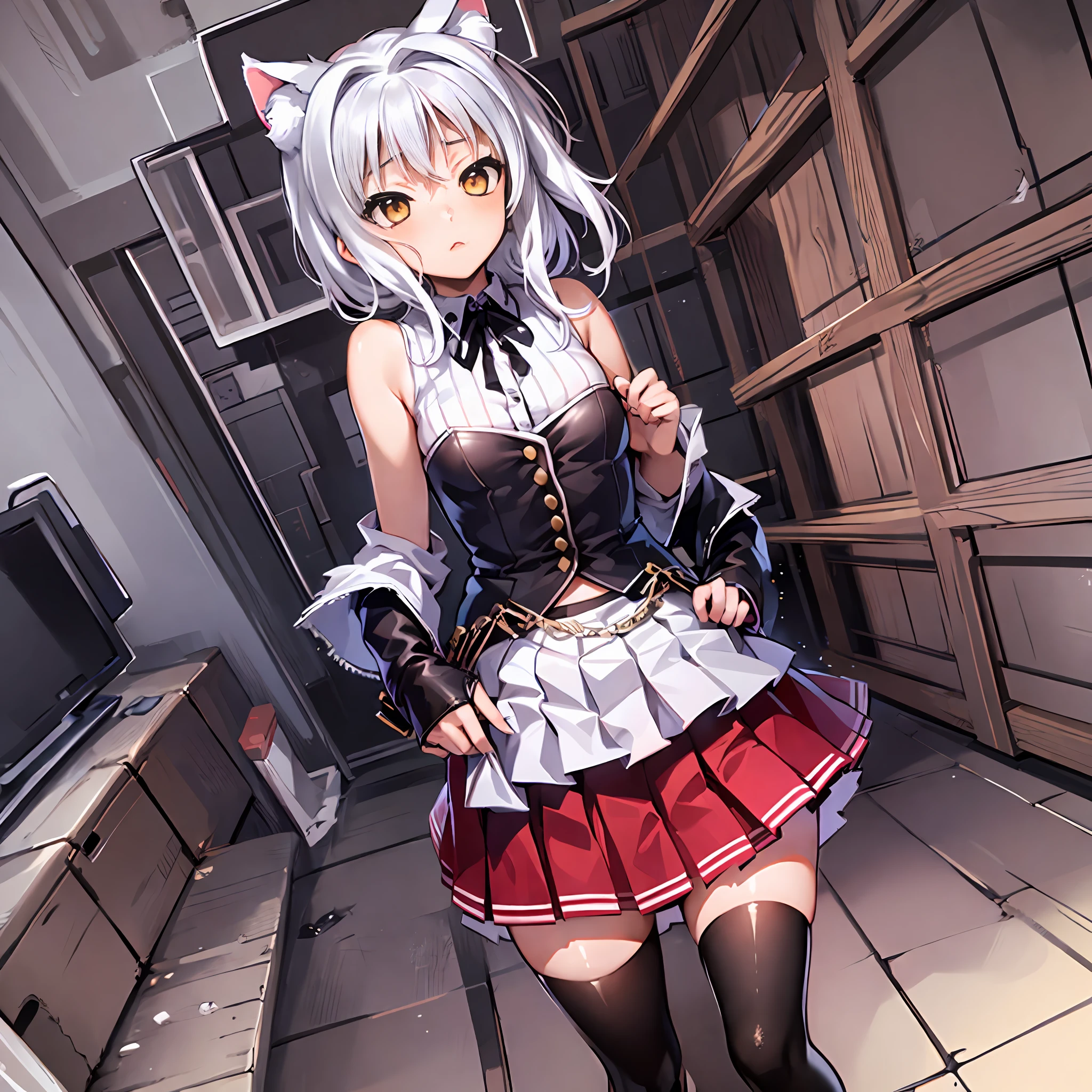 gym storeroom, Koneko Toujou (DXD), 1girl, white cat ears, (classic uniform), white cat tail, school hallway, red skirt, small breasts, black ribbon,, masterpiece, best quality, highly detailed