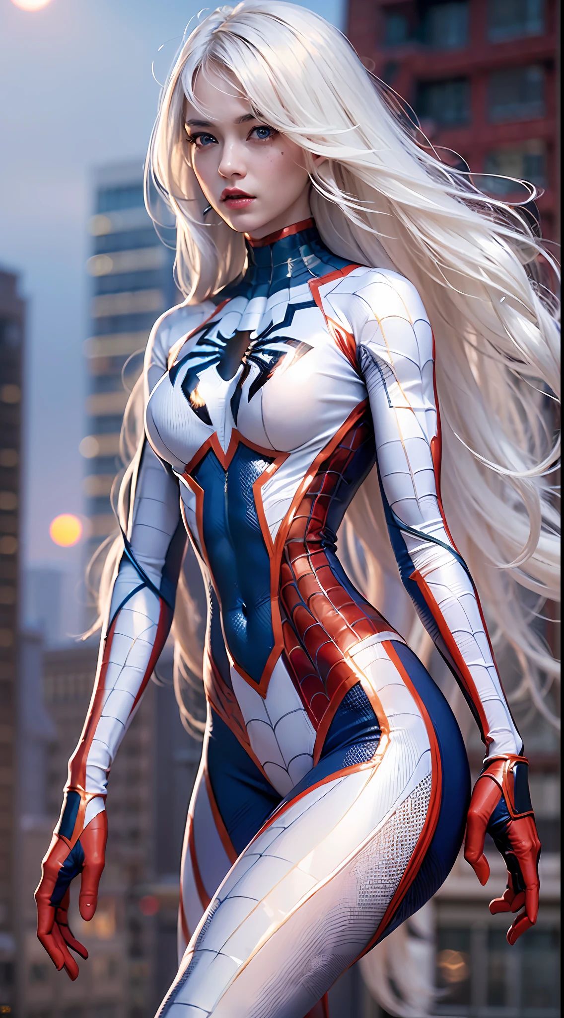 (masterpiece:1.4), (8k, photorealistic, RAW photo, best quality: 1.4), japanese, (1girl), beautiful face, (realistic face:1.4), (white hair, ponytailed long hair:1.3), beautiful hairstyle, beautiful detailed eyes, (best ratio eyes:1.5), attractive, ultra high res, ultra realistic, highly detailed, best ratio, (detailed face:1.4), looking at viewer, red lipsticks, (best ratio fingers:1.5), (White superhero theme, charismatic, there's a girl on top of town, wearing transparent lingerie Spider-Man costume, she's a superhero), [ ((25 years), full body, (realistic blue eyes:1.2), ((Spider-Man pose), show of strength, jumping from one building to another), ((sandy urban environment):0.8)| (cityscape, at night, dynamic lights), (full moon))] # Explanation: The Prompt mainly describes a 4K painting of ultra-high definition, very realistic, very detailed. It shows a superheroine at the top of the city, wearing a Spider-Man costume. The theme in the painting is a white superhero theme, the female protagonist has long white hair, is 25 years old and her entire body is shown in the painting. In terms of portraying the actions of superheroines, spiders are employed, (no bra:1.4), perky_nipples, ((exposed_nipples, exposed breasts, high proportional realistic breasts, realistic big breasts):1.4), (closed mouth:1.4), (camel_toe_pussy:1.4), innie_pussy, spider-man cloak,
