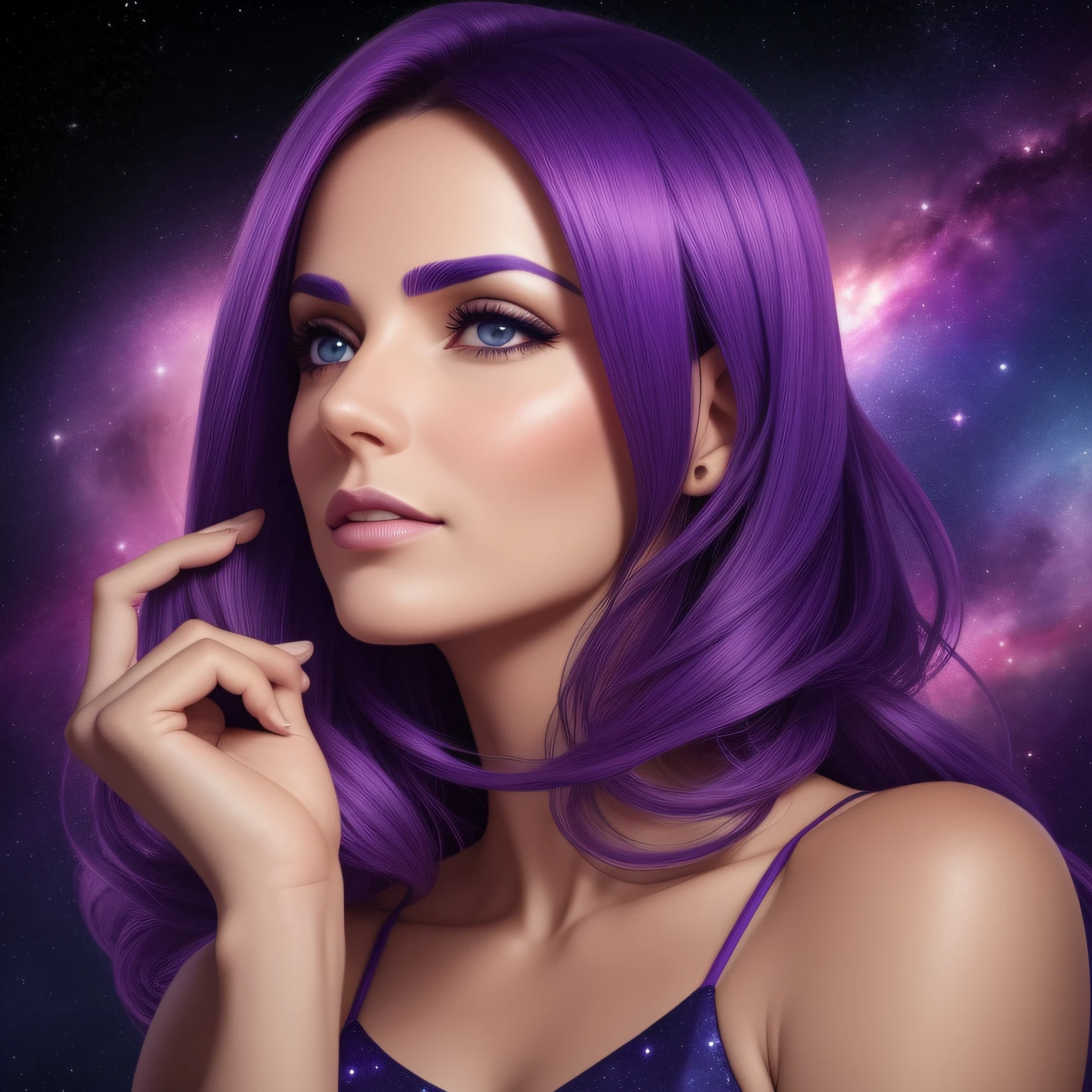 mulher de cabelos amarelos, de rosto, with her hand on her face expressing thoughtfulness, purple galaxy, rosa e azul, outer space 8k