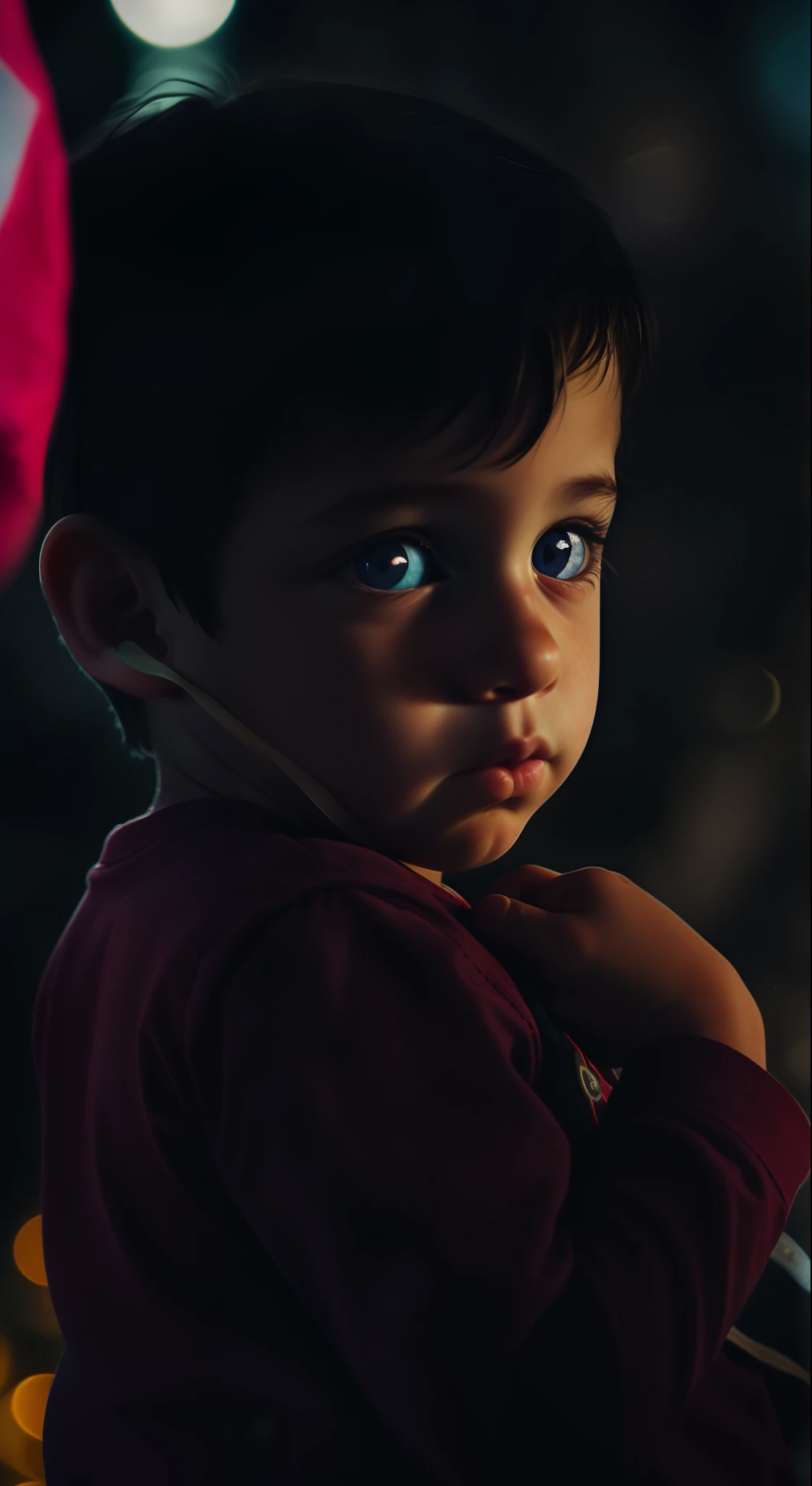 award winning upper body portrait eyes looking upwards, (bokeh:0.7), detail:0.7), telephoto, moonlit, torchlit, atmosphere, oceanic night exterior, realistic, intricate details, true child skin texture