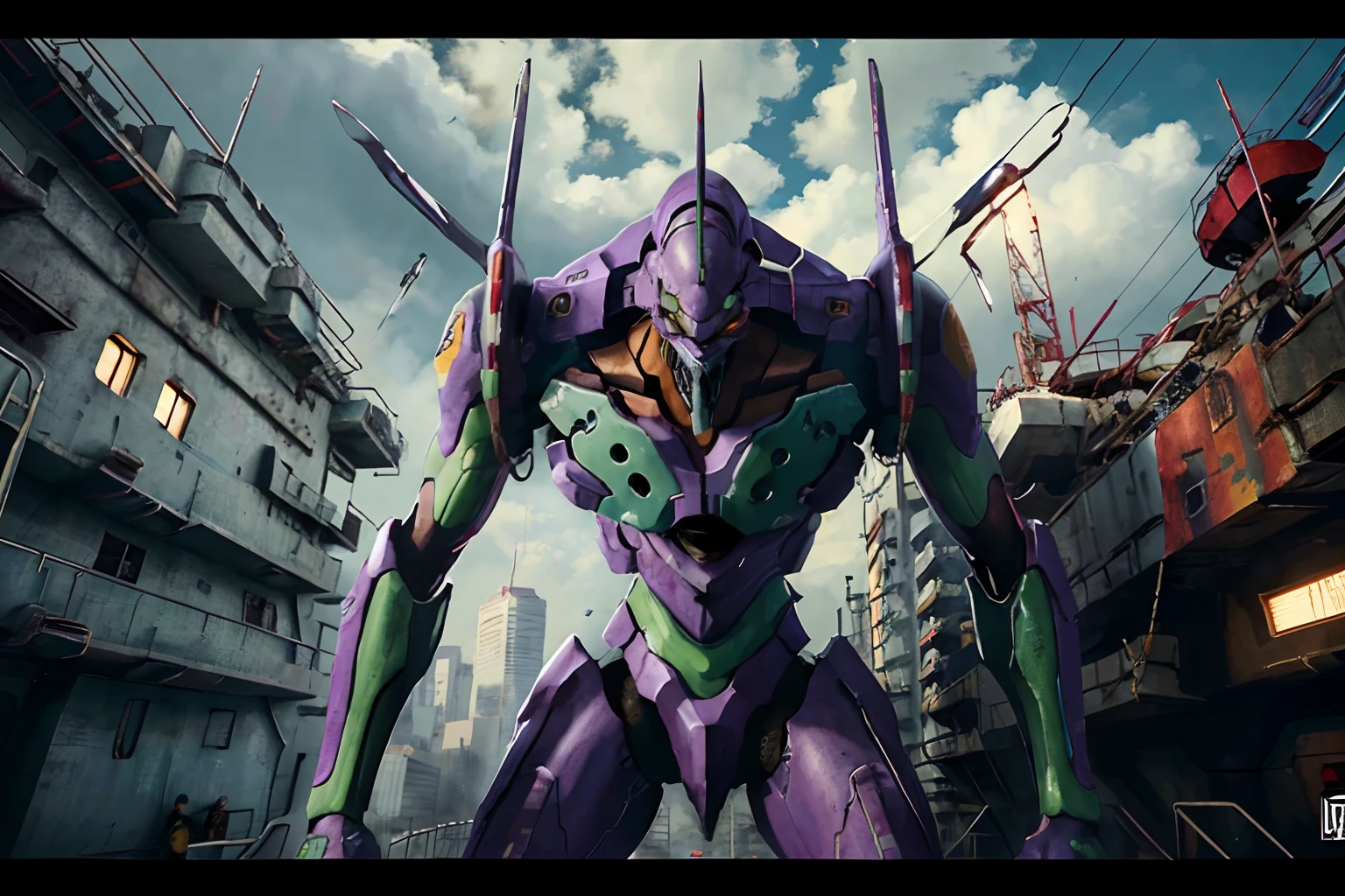 eva 01,aircraft carrier ,evagod,evangelion mecha, science fiction, looking at viewer, (official art, Best quality, masterpiece:1.2), illustration, high res, beautiful abstract background, Futurism, cyberpunk, intense angle, close-up
