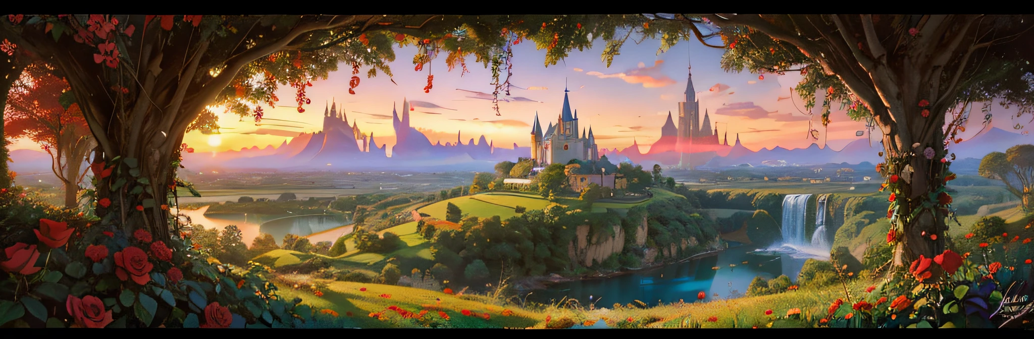 There is an image of a village in the distance with red roses in the foreground, Arte Disney, Beautiful, Magic Field, Vila caseira pequena, fundo encantado da floresta tropical, arte conceitual disney, arte de conto de fadas, pintura de conto de fadas, moldura dourada com rosas vermelhas, fantasia, Greg Hildebrandt altamente detalhado, fantasia arte vitoriana, beautiful render of a fairytale