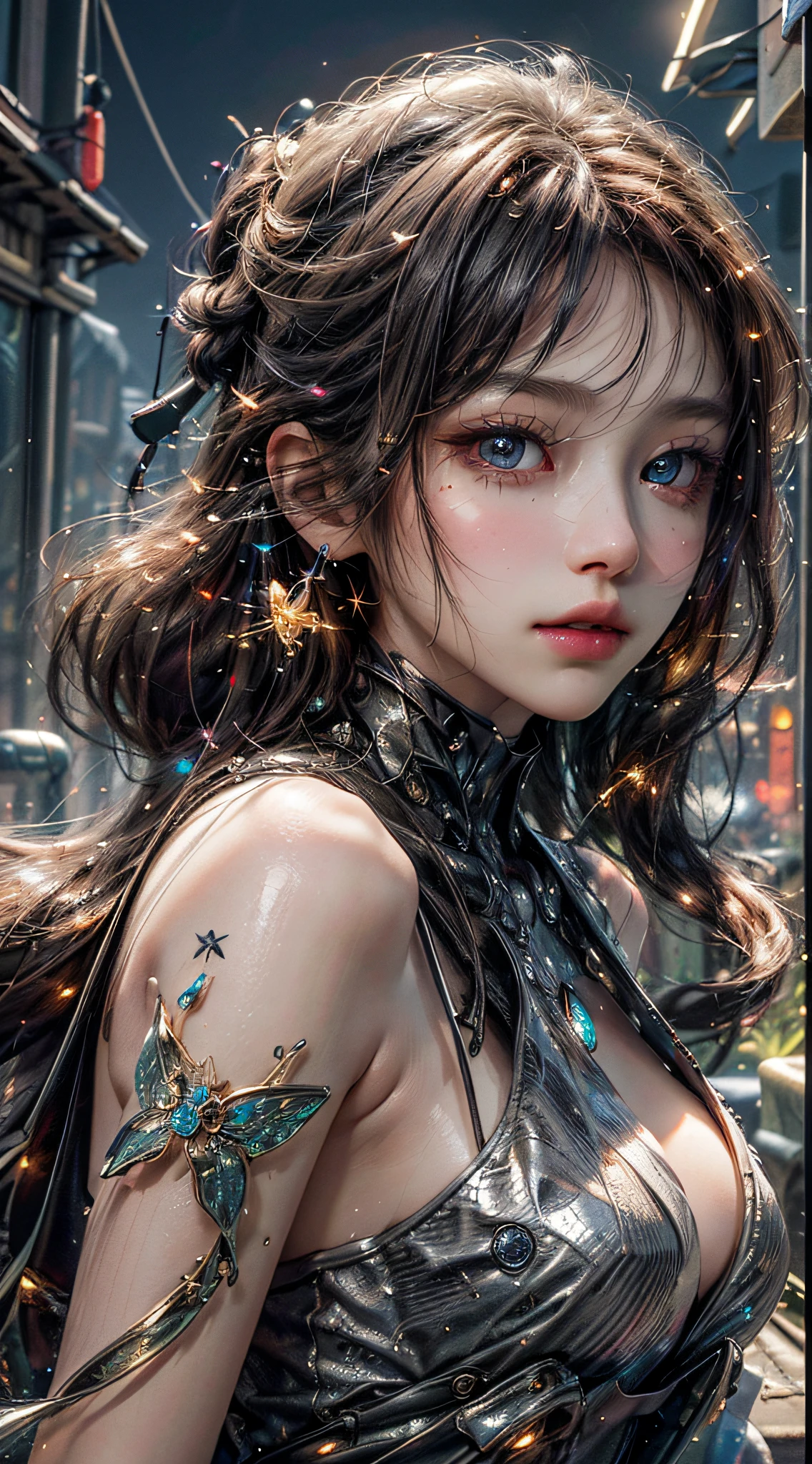 best quality, masterpiece, highres,
1girl, Detailed face, (Upper body:1.6), Cyber cities, mountains and rivers, night, firefly lights, Realistic, rich in detail, (White down:1.2), (beautiful body:1.4),