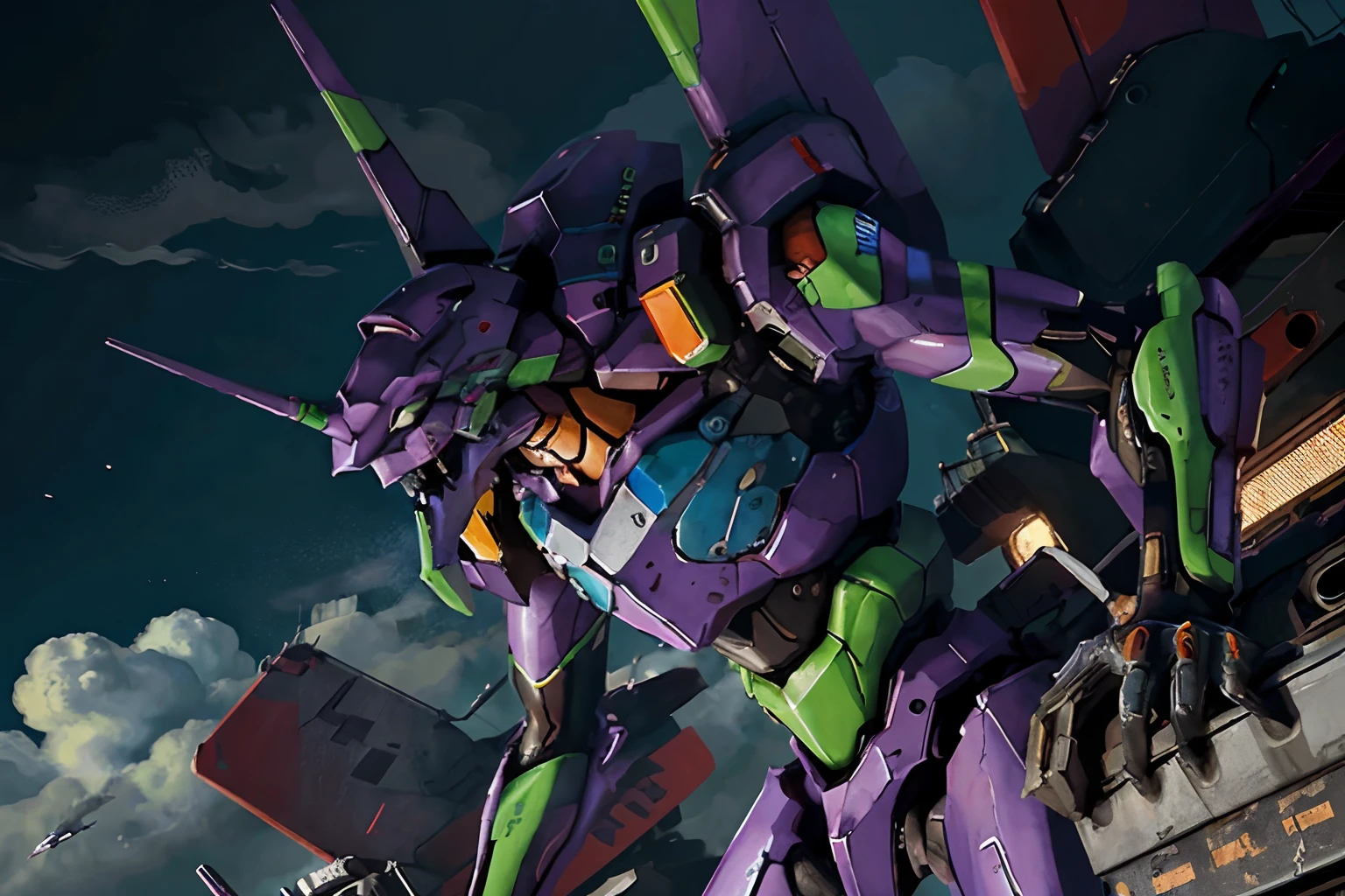 eva 01,aircraft carrier ,evagod,evangelion mecha, science fiction, looking at viewer, (official art, Best quality, masterpiece:1.2), illustration, high res, beautiful abstract background, Futurism, cyberpunk, intense angle, close-up