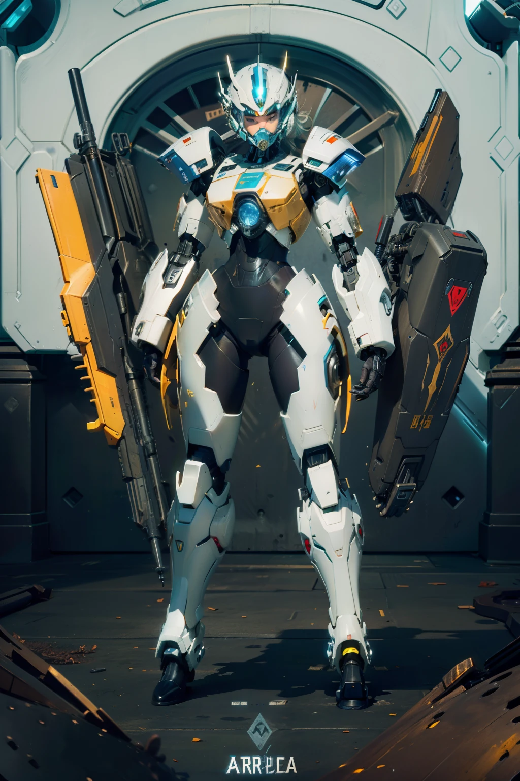mecha exo suit, brutal e robusta varias armas, amarela e preta