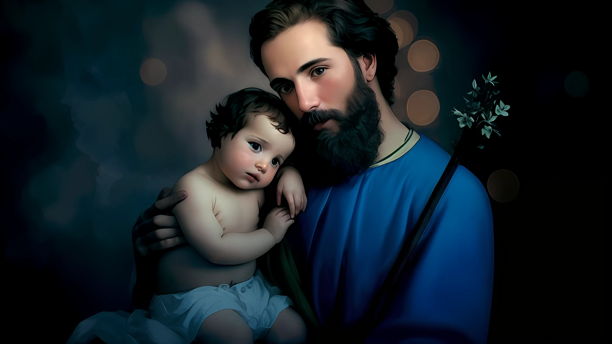 Man holding a in his lap. SAN JOSE. Catholic saint. Foto realista. Pai e filho. Catholic. Santo Perfeito. Homem bonito de barba. cute babyi e filho bonitos.