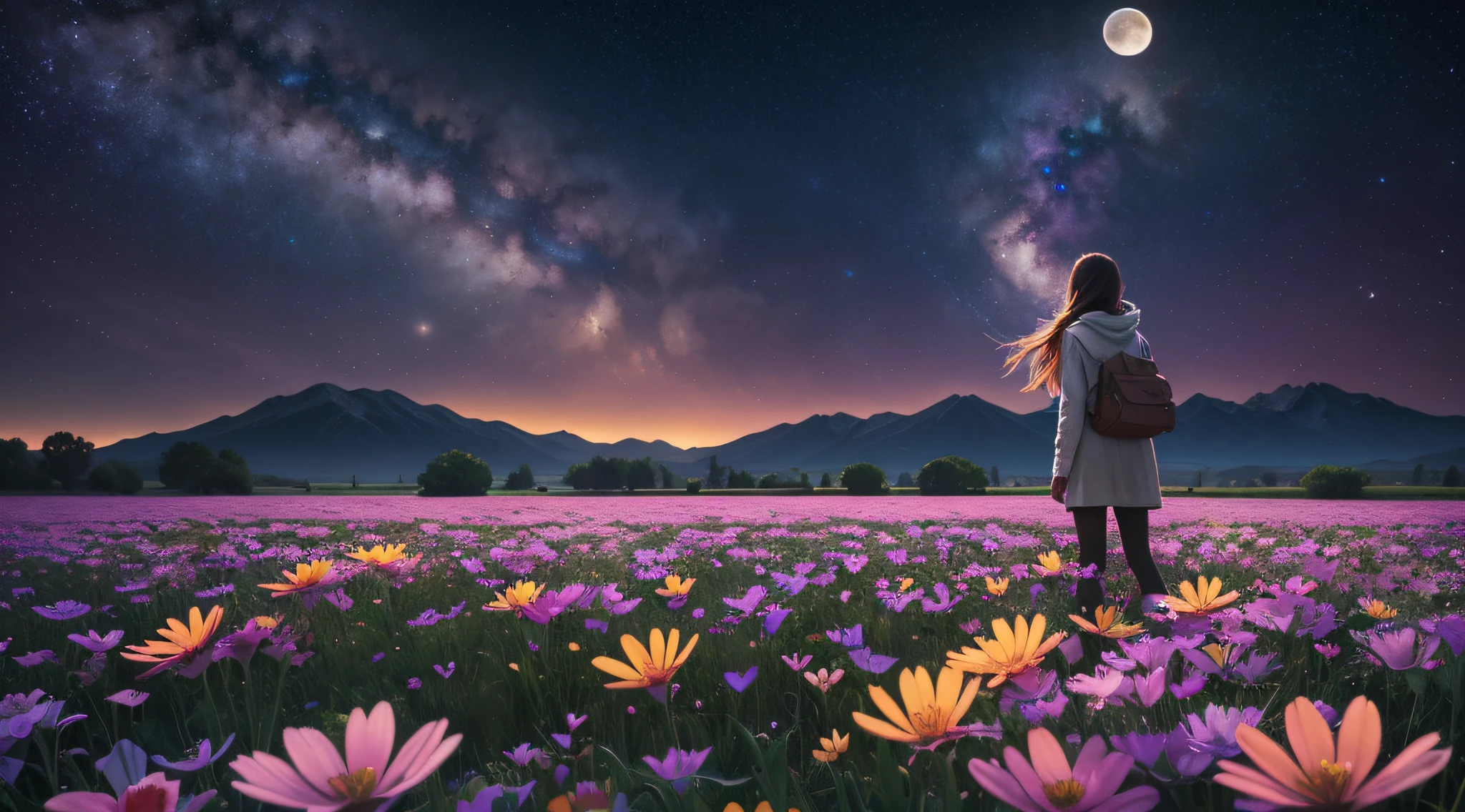 expansive landscape photograph , (a view from below that shows sky above and open field below), a girl standing on flower field looking up, (full moon:1.2), ( shooting stars:0.9), (nebula:1.3), distant mountain, tree BREAK
production art, (warm light source:1.2), (Firefly:1.2), lamp, lot of purple and orange, intricate details, volumetric lighting BREAK
(masterpiece:1.2), (best quality), 4k, ultra-detailed, (dynamic composition:1.4), highly detailed, colorful details,( iridescent colors:1.2), (glowing lighting, atmospheric lighting), dreamy, magical, (solo:1.2) --auto --s2