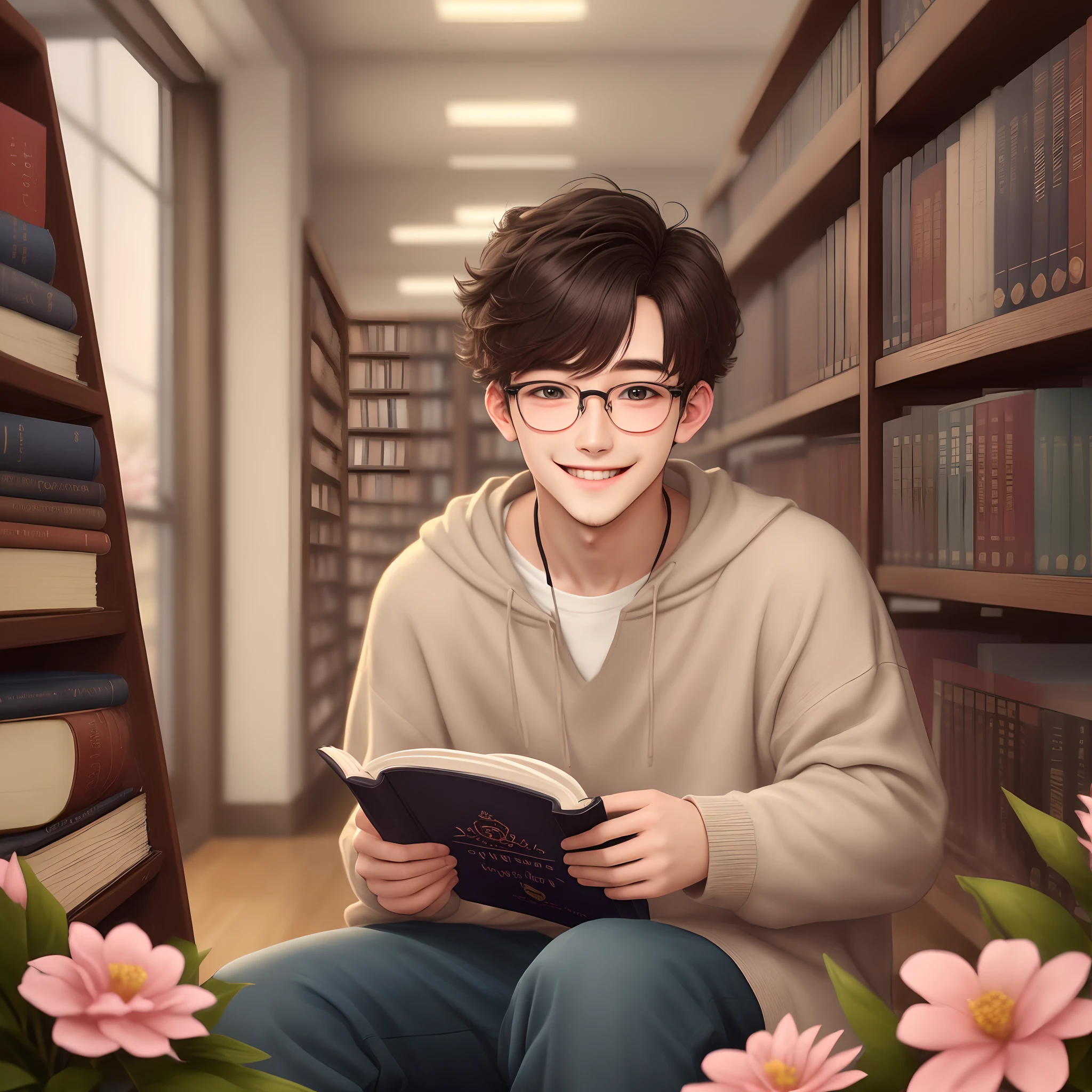 A cute infp boy who is short and tiny, his hobby is reading romance book and wear rounded glasses, wear over sized clothes and love flowers, he is 27 and he has cute smile, he's sitting on library