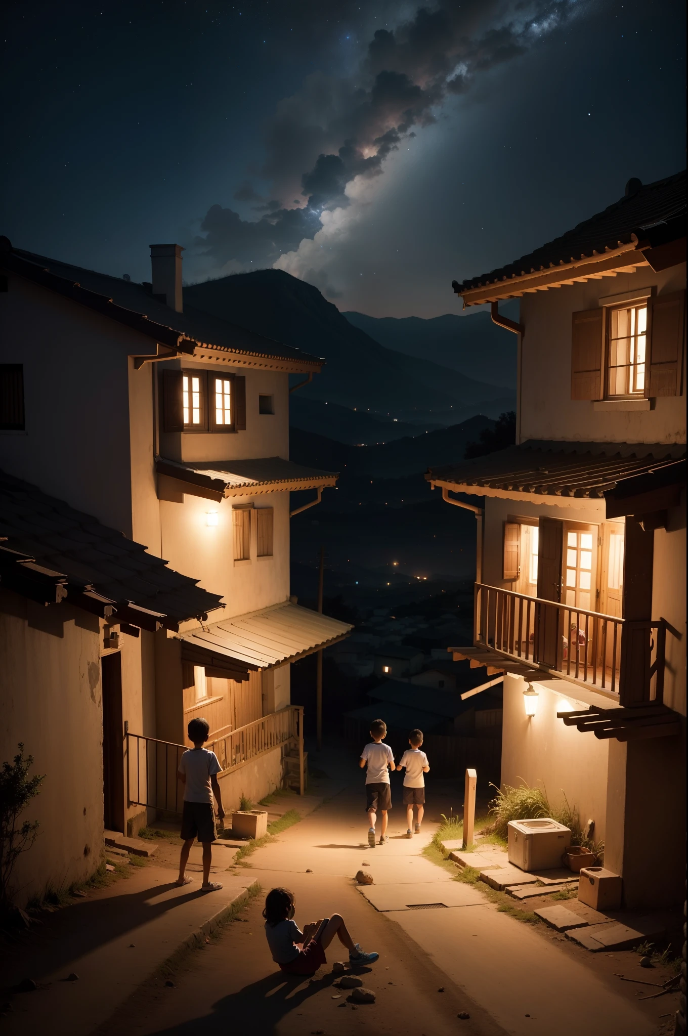 Children playing in a poor community, vistas de cima, com as casas ao redor, A night with stars and planets appearing in the sky in a clear way