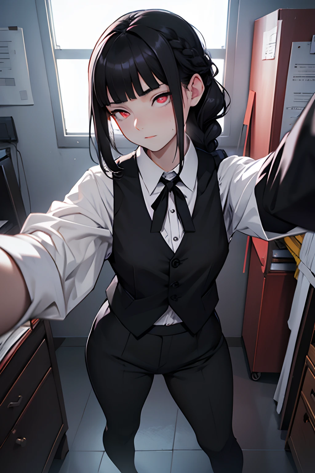 (professhional lighting), ((Beautiful eyes)),wide shot layout,wednesday addams BREAK 12years old,black hair,blunt bangs,pale skin,red eyes,jitome,hollow eyes, half-closed eyes,detailed eyes,beautiful eyes,hair ornaments at hexagram,1girl,solo,braid,ashamed,troubled expression,best quality,ultra-detailed,(masterpiece),sweat,wear Black tie,wear white shirt,wear black vest,looking away,fullbody,((selfie)),in office,