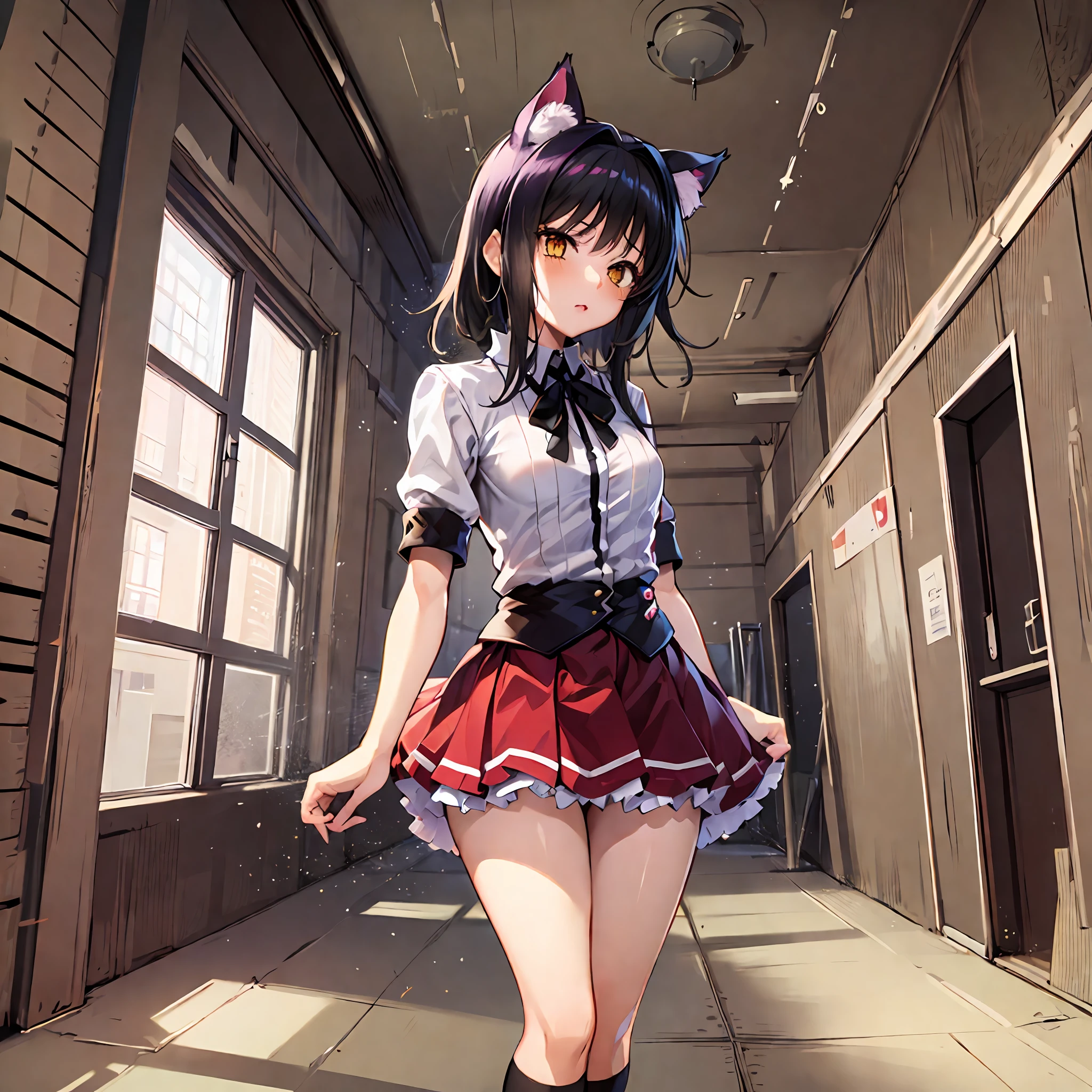 gym storeroom, Koneko Toujou (DXD), 1girl, white cat ears, (classic uniform), white cat tail, school hallway, red skirt, small breasts, black ribbon,, masterpiece, best quality, highly detailed