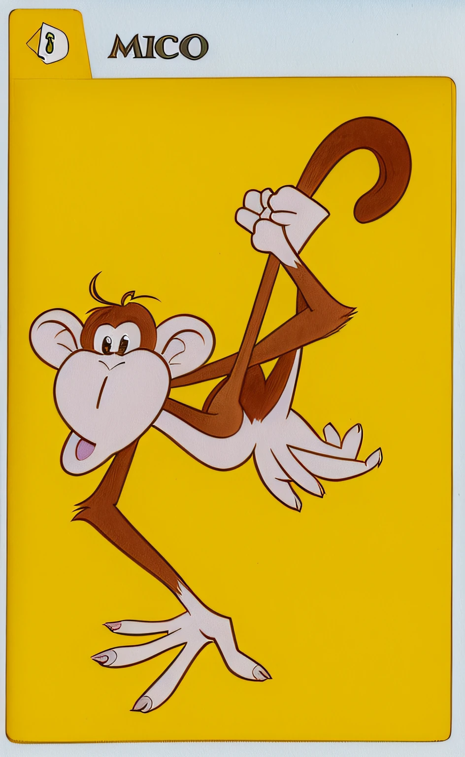 (A watercolor and pencil drawing with a monkey hanging from the tail with playing cards falling to the ground), "Retrato de um animal de desenho animado, inspirado em Hanna-Barbera, Macaco, baralho,  cartas, shaded animation cel, the front of a trading card, Hanna Barbera, arte da caixa de cereais vintage, estilo Hanna Barbera, raposa como um macaco, animation cel, desenho animado pateta, production animation cel