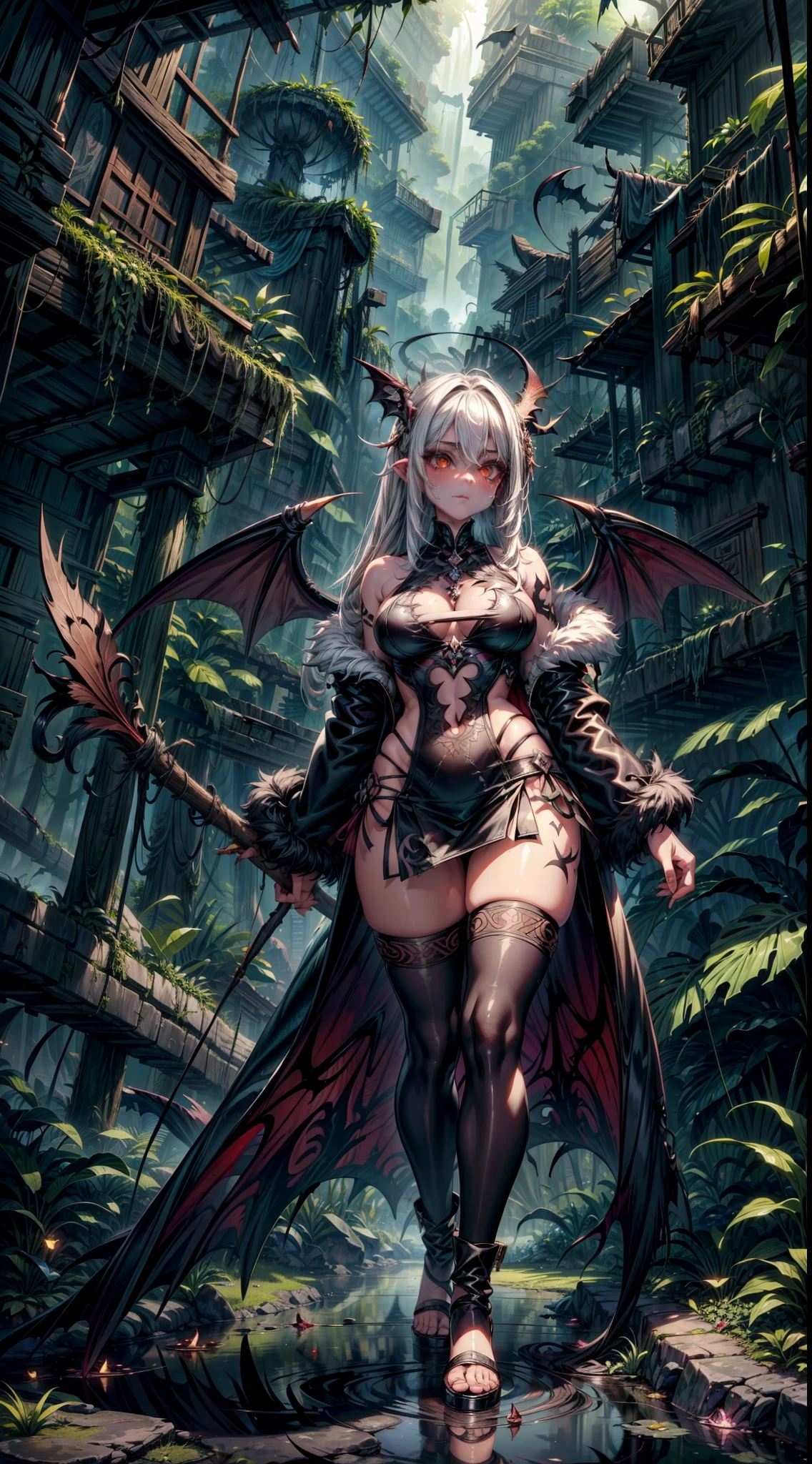 (savage, tribal, jungle)_vampire [white hair|black hair], bat fur, coat|wings, long_fengs, extremely_detailed_(tribal, jungle)_tight_(clothing, skirt), metallic reflections, rune_tatoo, tropical city ruins fog, 1girl, natural breasts, masterpiece, best quality, beautiful and aesthetic:1.2, fractal art:1.4