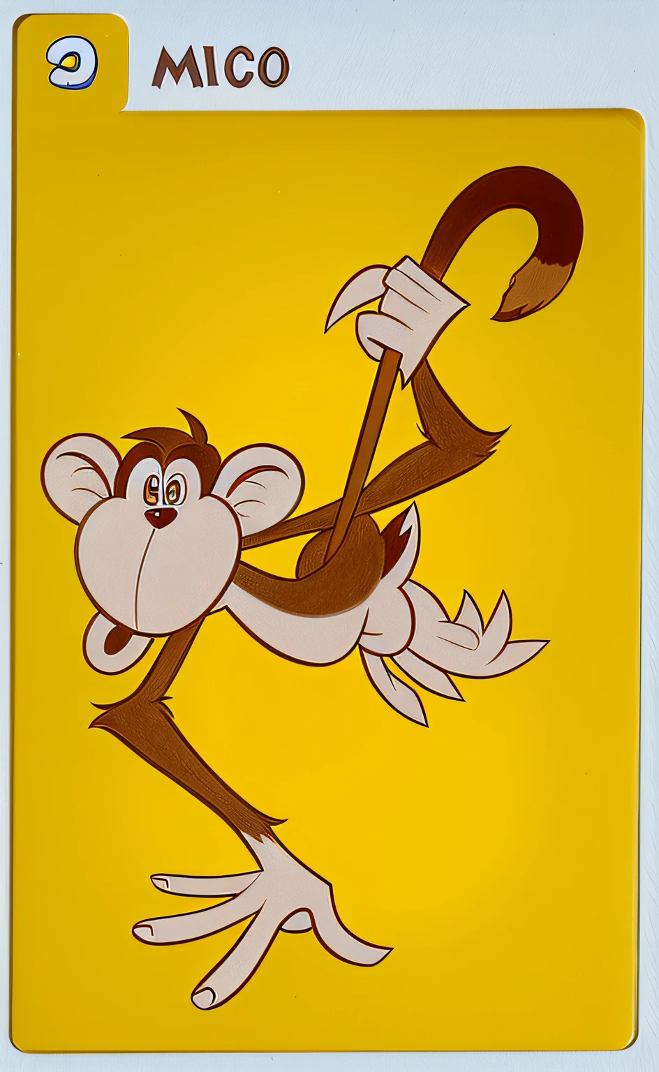 (a pencil drawing) There is a board with a monkey hanging from its tail with playing cards on the ground, "Retrato de um animal de desenho animado, inspirado em Hanna-Barbera, Macaco, shaded animation cel, the front of a trading card, Hanna Barbera, arte da caixa de cereais vintage, estilo Hanna Barbera, raposa como um macaco, animation cel, desenho animado pateta, production animation cel