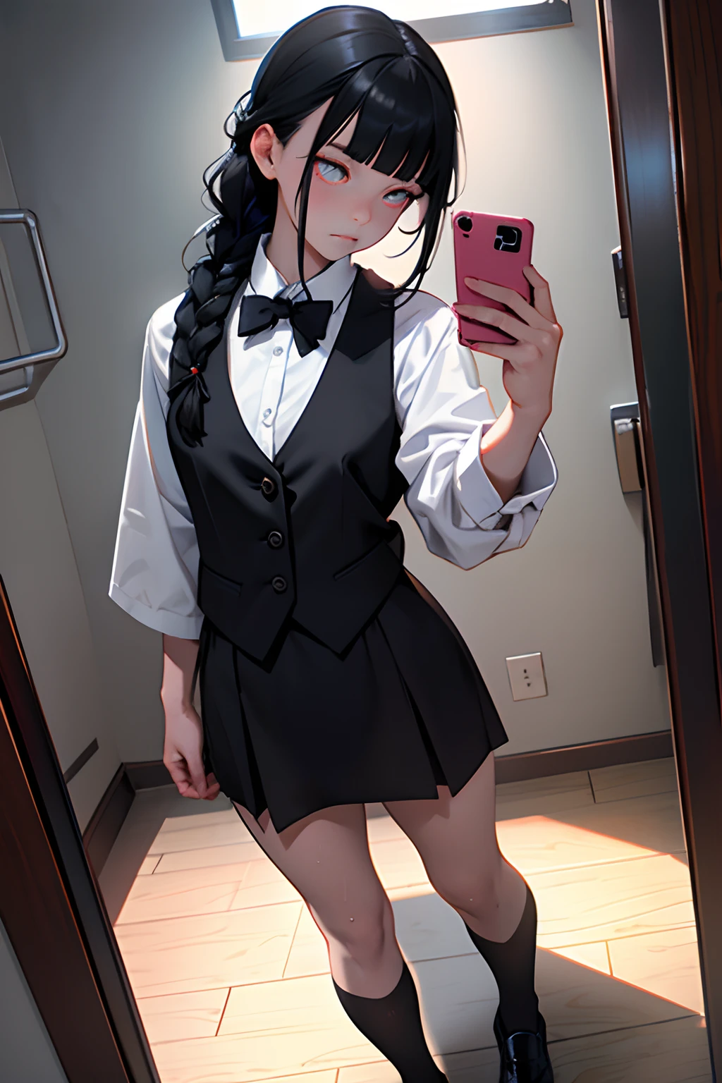(professhional lighting), ((Beautiful eyes)),wide shot layout,wednesday addams BREAK ars old,black hair,blunt bangs,pale skin,red eyes,jitome,hollow eyes, half-closed eyes,detailed eyes,beautiful eyes,hair ornaments at hexagram,1girl,solo,braid,ashamed,troubled expression,best quality,ultra-detailed,(masterpiece),sweat,wear Black tie,wear white shirt,wear black vest,looking away,fullbody,((selfie)),in office,