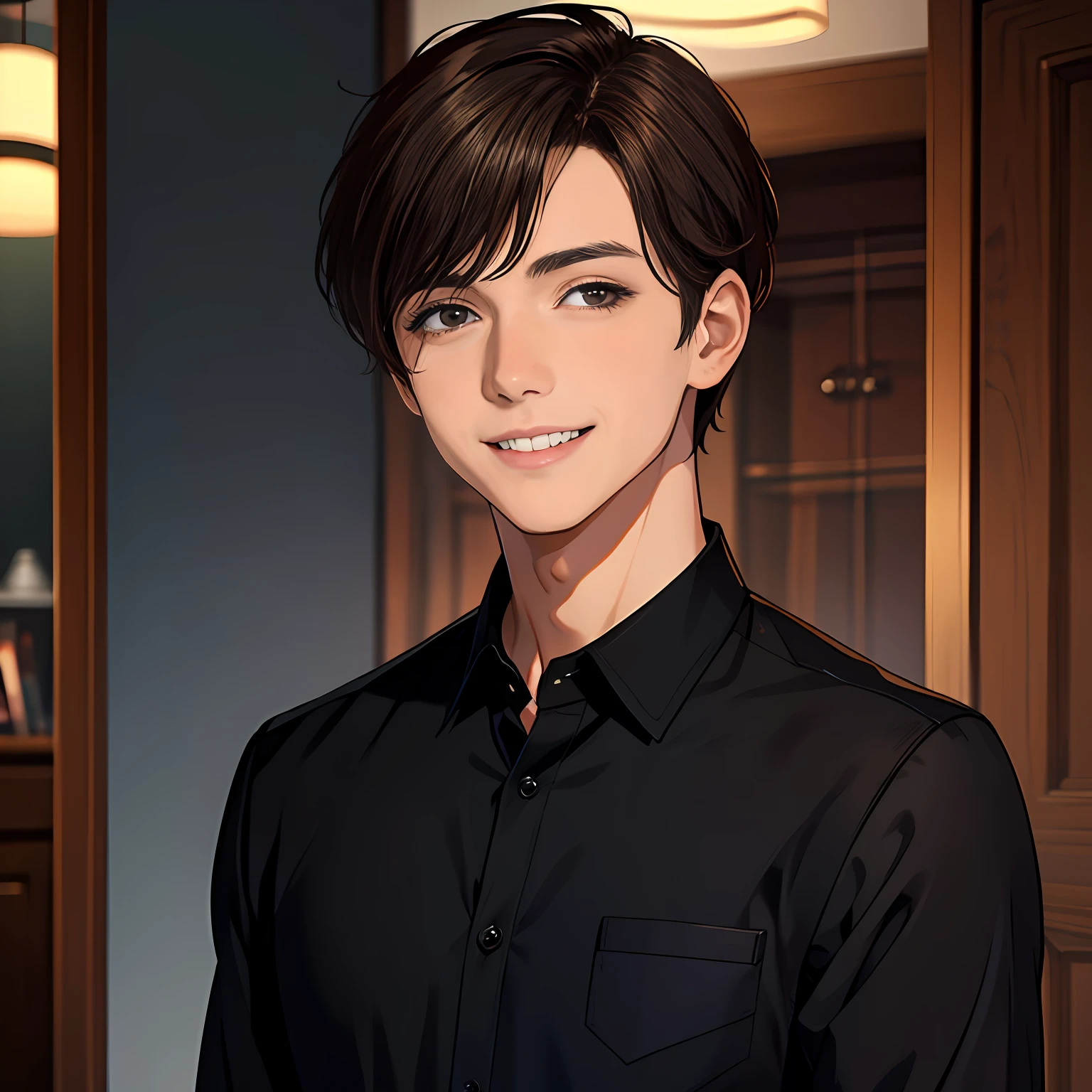 A handsome young man with brown hair,wearing black clothes,A helpless smile appeared on his face