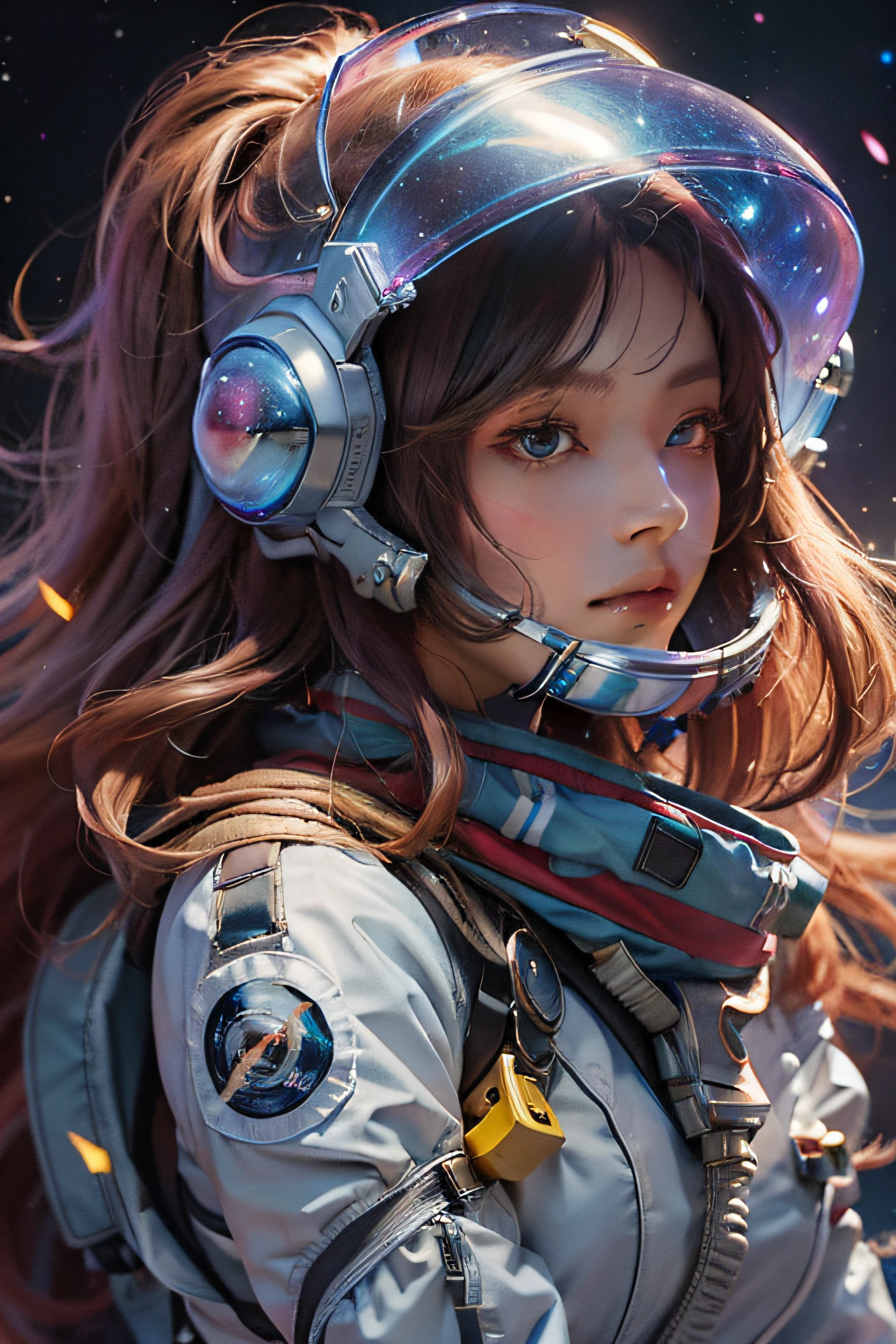 Digital drawing of a beautiful cute attractive magical fantasy astronaut woman, Big colorful long hair on the helmet, with whole body visible, Tight astronaut suit, Stardust, Background galaxy, Ultra-high quality clarity, 32K, HD, --AR 3:4 --s 750 --v 5.2