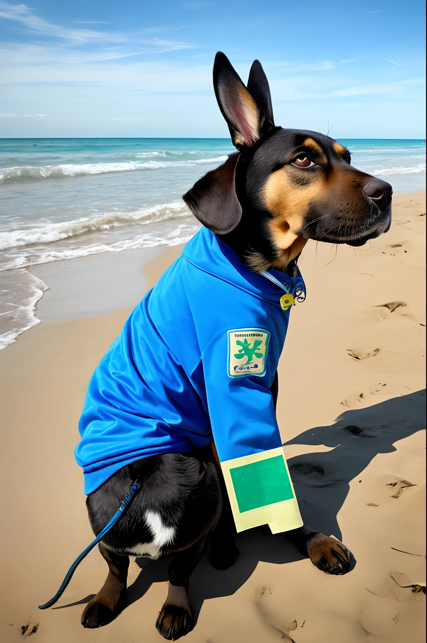 Dog with rabbit ears doing college entrance exam questions on the beach