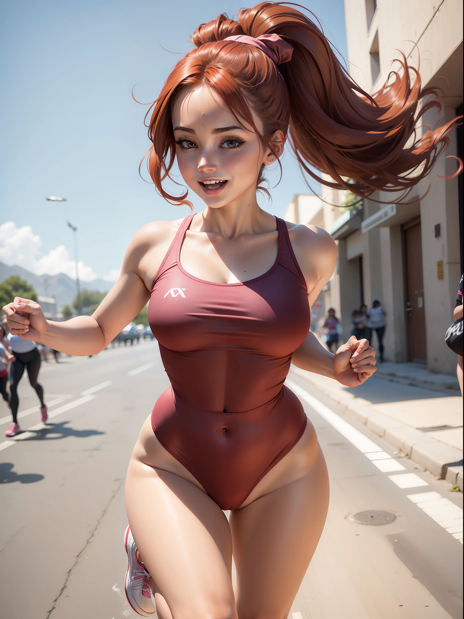 mujer corriendo, linda figura, baby doll, lingirie, medias largas, vista desde abajo, pelirroja, caderas gruesas, rostro sexy, sonriendo, excitada