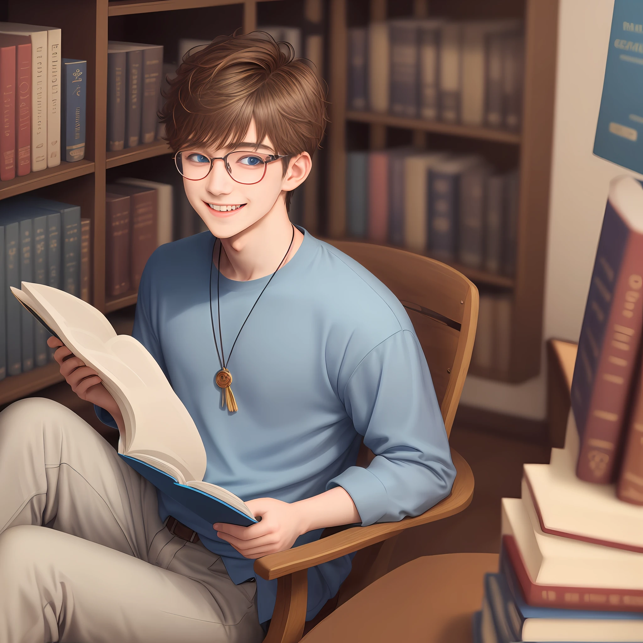 An infp boy who is short and tiny and has a skinny body, his hobby is reading romance book and wear rounded glasses and has blue eyes, wear over sized clothes and love flowers, he is 27 and he has cute smile, he's sitting on library