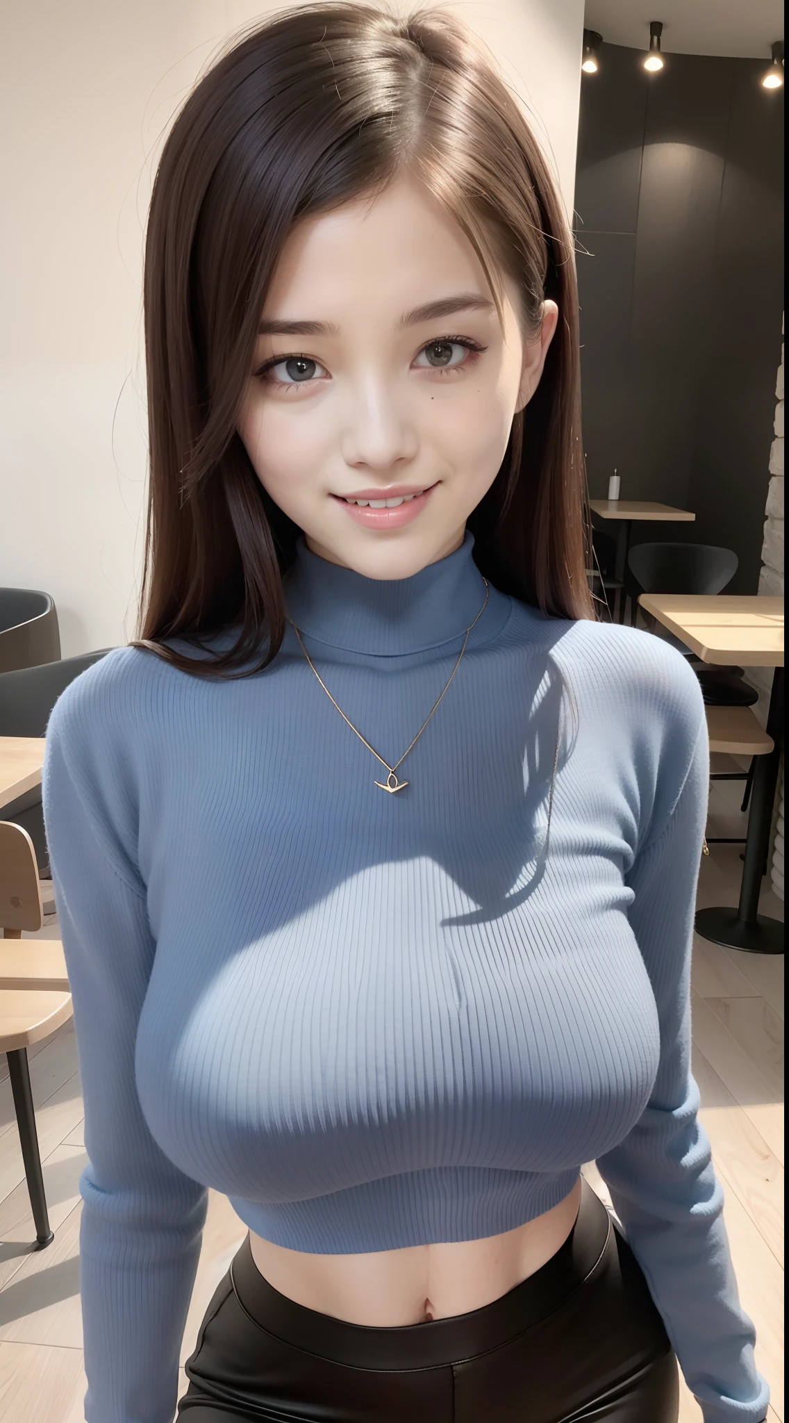 18 year old girl with perfect face and big breasts, cute clothes, slim and slender physique. The skin has detailed and highly detailed eyes (1.1 emphasis), very detailed skin texture (1.1 emphasis). slender necklace, model photo style, photorealistic, skin texture is real human skin texture, detailed skin pores, intricate details, eyes very detailed, knee up, attractive sexy chibi, smile, happy smile, eating parfait in café, sitting, dark blue high neck knit sweater, black long pants, café, sweets --s2