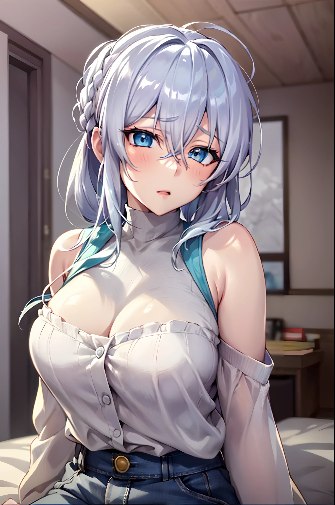 Yukino, in bed, silver hair and blue eyes, light shirt, anime visual of a cute girl, screenshot from the anime film, & her expression is solemn, in the anime film, in an anime, anime visual of a young woman, she has a cute expressive face, still from anime, big breast, red cheek, lustful face