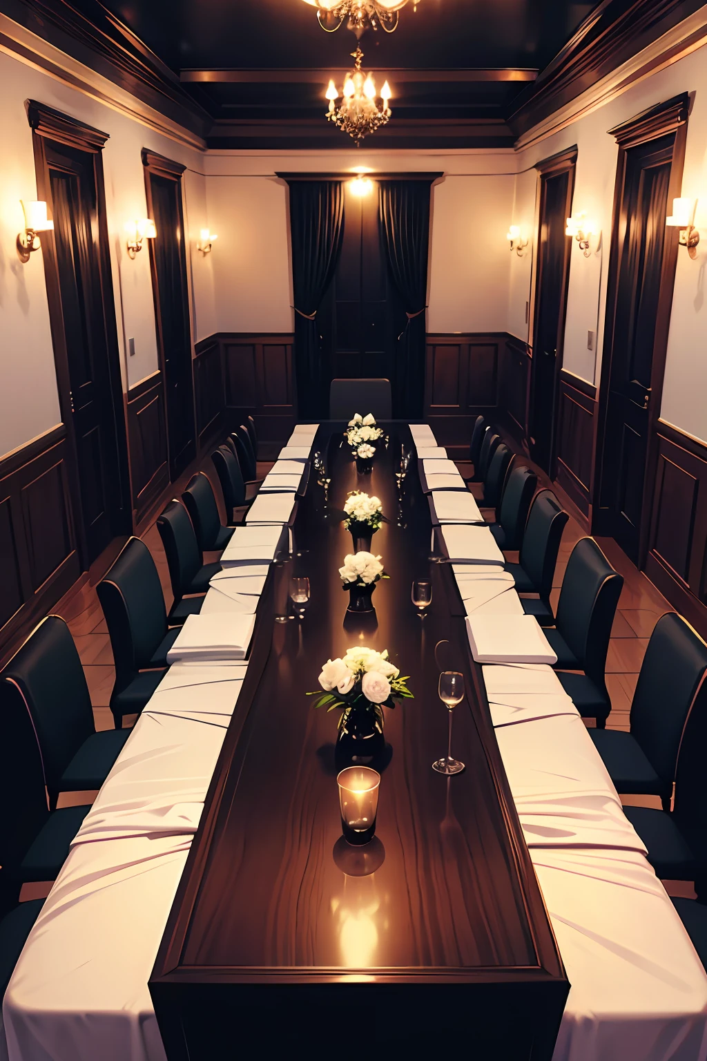 Room with several men in black suits. sala escura, sombrio, preto e branco