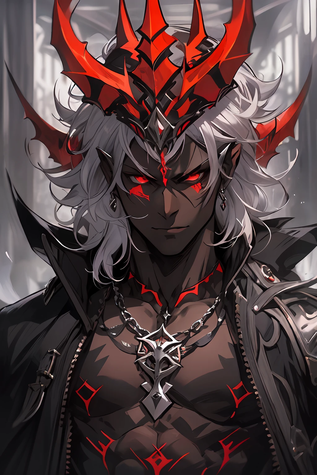 "Stunningly detailed anime sketch of a solo ((muscular)) ((handsome)) ((dark-skinned)) demon boy with white hair and red pupils. He exudes maturity and has striking red and black crown-like horns. Dressed in demonic fantasy clothes, including a black capelet and a red and black demonic aura, he resembles a dark prince."