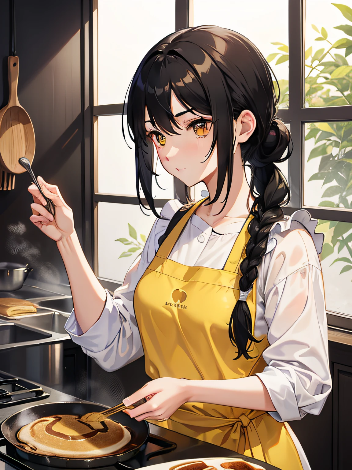 1woman, black hair tied up in a braid, golden eyes, kitchen, cooking pancakes, in a pastel yellow apron.