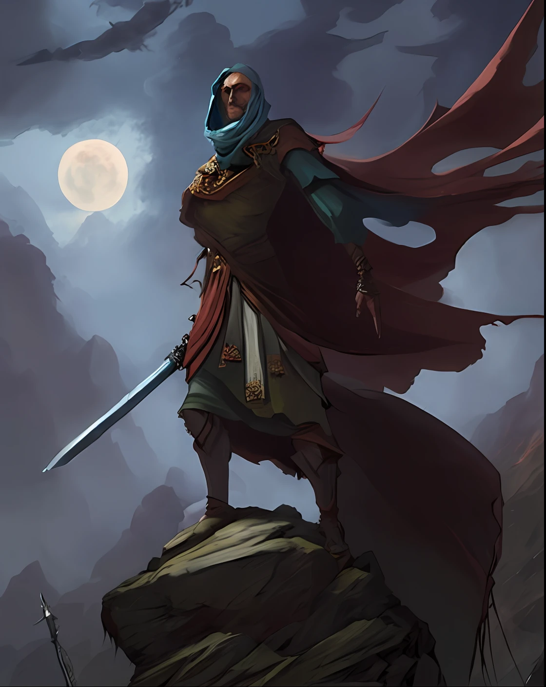 a painting of a man with a sword standing on a rock, Estilo de Peter Mohrbacher, Directed by: Johannes Helgeson, Estilo Peter Mohrbacher, cavaleiro morto-vivo, Pedro Mohrbacher. Motor irreal, dramatic concept art, an ominous fantasy illustration, surpreendente d & d arte do sol escuro, d&d arte do personagem dark sun, the harbringer of death