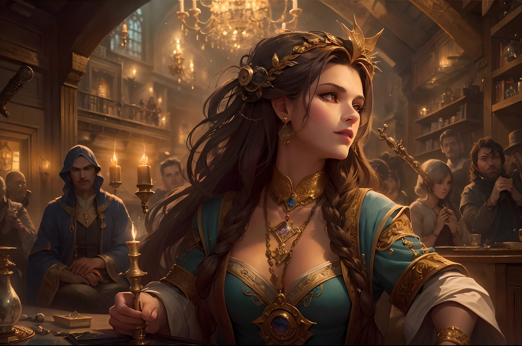 high details, best quality, 8k, [ultra detailed], masterpiece, best quality, (extremely detailed), dynamic angle, ultra wide shot, photorealistic (intricate details, Masterpiece, best quality: 1.5), fantasy art, dnd art, rpg art, realistic art, an ultra wide picture of bard playing the flute in fantasy setting tavern and enchanting the audience , full body, a human female (intense details, Masterpiece, best quality: 1.5) fantasy bard, fantasy enchanter,  playing a flute and enchanting people with magical song, colorful clothes, dynamic clothing, epic beautiful female bard (intense details, Masterpiece, best quality: 1.5), dynamic hair, long hair, wavy hair, tavern full of crowd, many people (intense details, Masterpiece, best quality: 1.5), bard playing flute and enchanting audience  (intense details, Masterpiece, best quality: 1.5), candles lights, fantasy chandelier, manipulating magical notes, controlling magical runes in the air Rune_Magic (intense details, Masterpiece, best quality: 1.5)