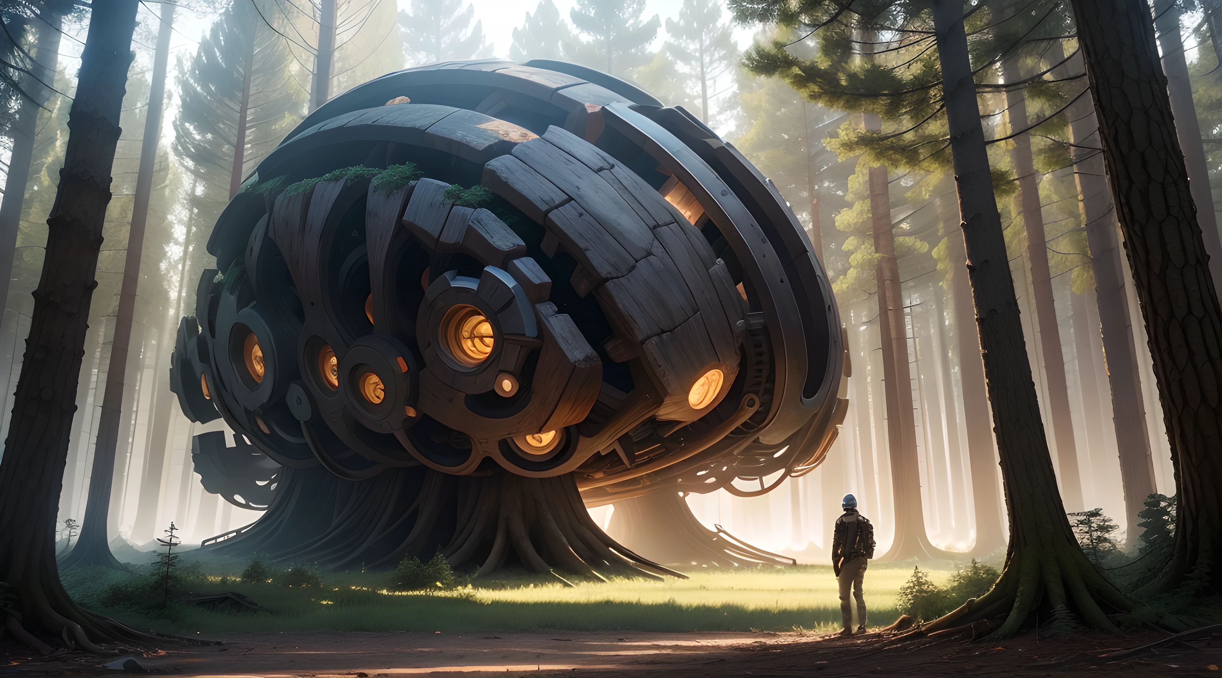 Giant brain made of wood and metal in the middle of a clearing in the forest. The entrance to the brain has a shining light. A man stands observant outside. Sci-fi.