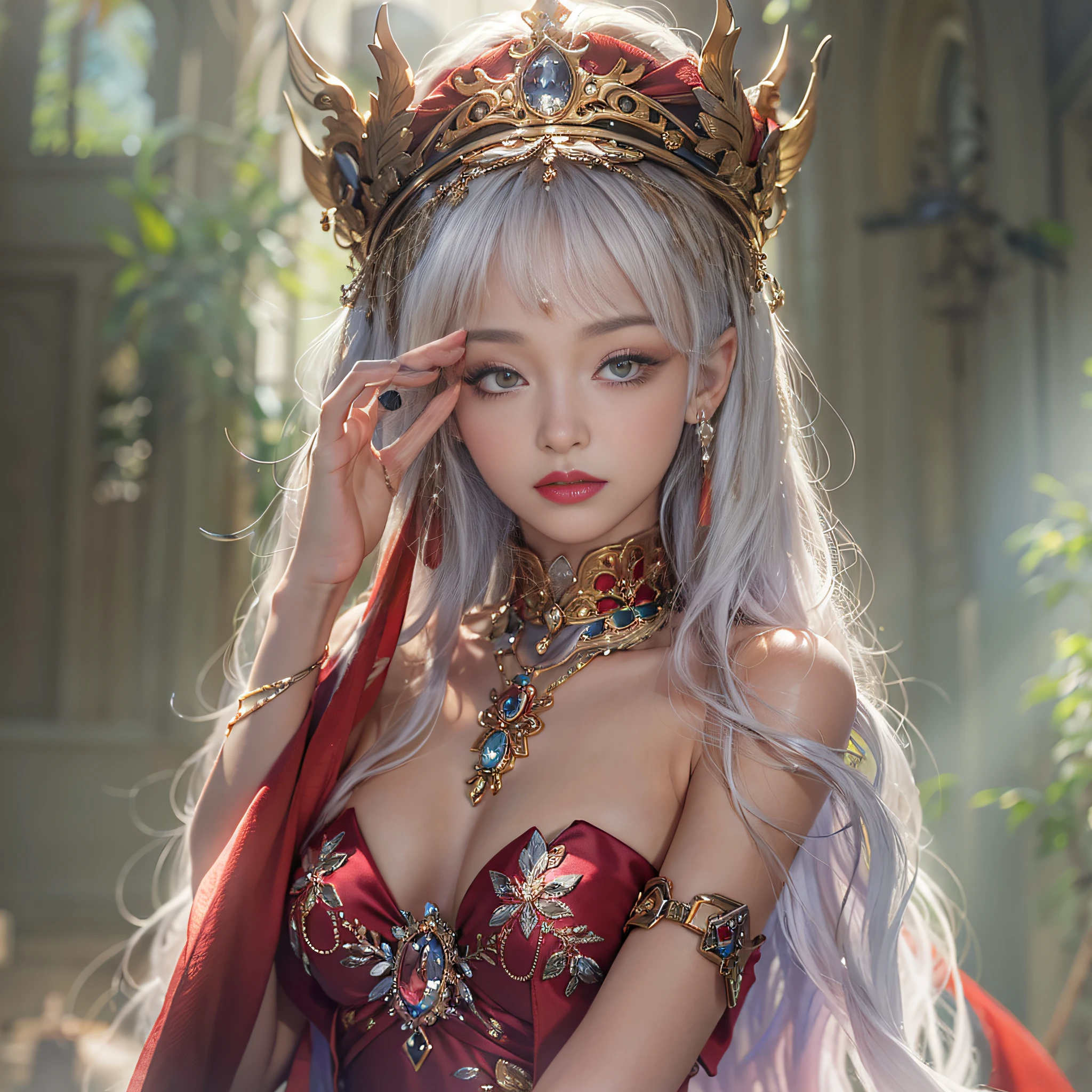 ((masterpiece:1.4)、(top-quality:1.4)、(reallistic:1.7))、Queen of Mars、coronation ceremony、Super beauty、Sexy Daughter、1girl in、Luxurious costumes worthy of a queen、By Luis Royo、age19、Super Ultra Ultra Bikini、Looking Back Beauty、Outstanding style、Slender Abs、Anatomically correct limbs、Anatomically correct body structure、Realistic standard body shape、beauty legs、Beautiful ass、A detailed eye、beautidful eyes、Raw photo、red-lips、Red high heels、tiarra、a choker、a necklace、耳Nipple Ring、Palace Royal Palace Room