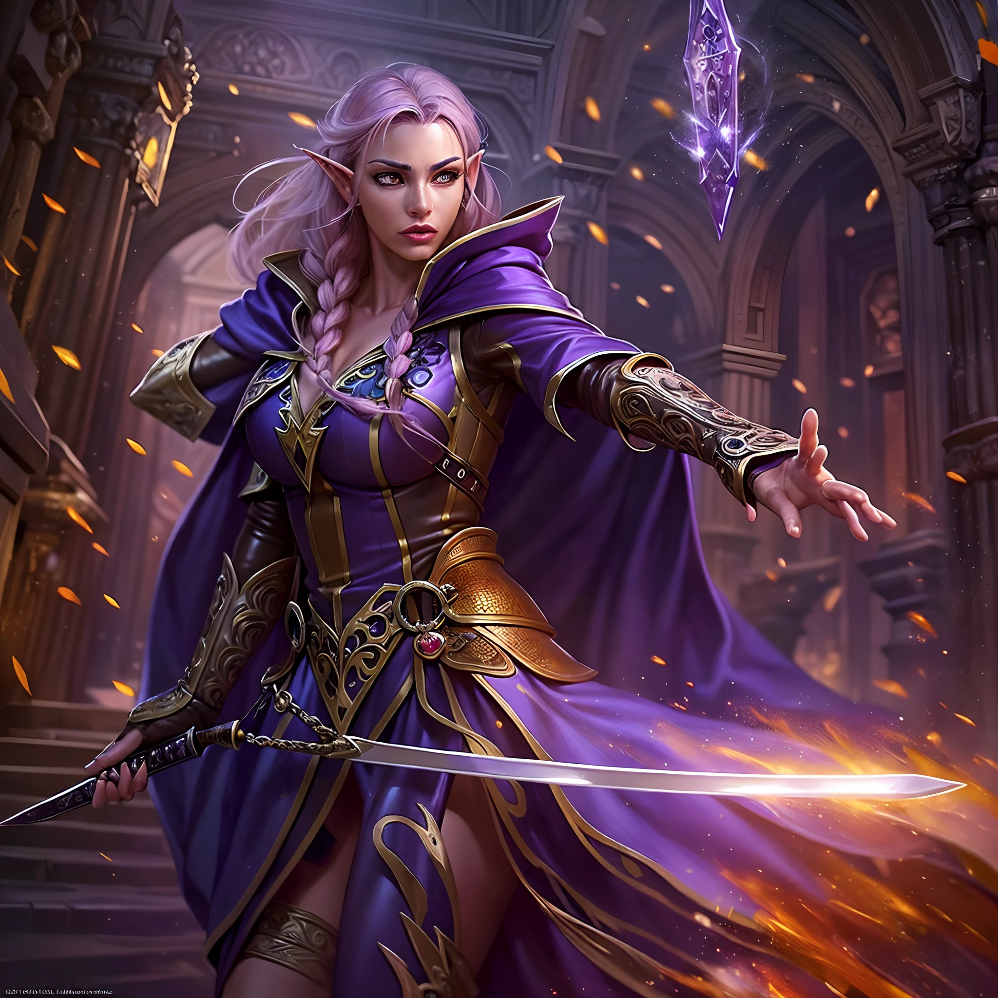 a picture of a female elf (intense details, Masterpiece, best quality: 1.5) fantasy swashbuckler, fantasy fencer, armed with a slim sword, shinning sword, metallic shine, colorful clothes, an ultra wide shot, full body (intense details, Masterpiece, best quality: 1.5)epic beautiful female elf (intense details, Masterpiece, best quality: 1.5), rich hair, braided hair, small pointed ears, fantasy urban street (intense details, Masterpiece, best quality: 1.5),  purple cloak  (intense details, Masterpiece, best quality: 1.5), long cloak (intense details, Masterpiece, best quality: 1.5), elven leather armor (intense details, Masterpiece, best quality: 1.5) sense of daring, sense of adventure, controlling a swirling fiery red radiant magic (1.5 intricate details, Masterpiece, best quality),high details, best quality, 8k, [ultra detailed], masterpiece, best quality, (extremely detailed), dynamic angle, ultra wide shot, photorealistic, RAW, fantasy art, dnd art,fantasy art, realistic art,