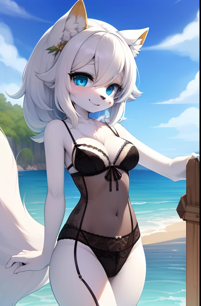 (furry:1.2), foco no corpo, belas luzes e sombras, cabelo branco, olhos azuis, pelo branco fofo, ajoelhado no chao, lingerie rendada, envergonhada, funde beco