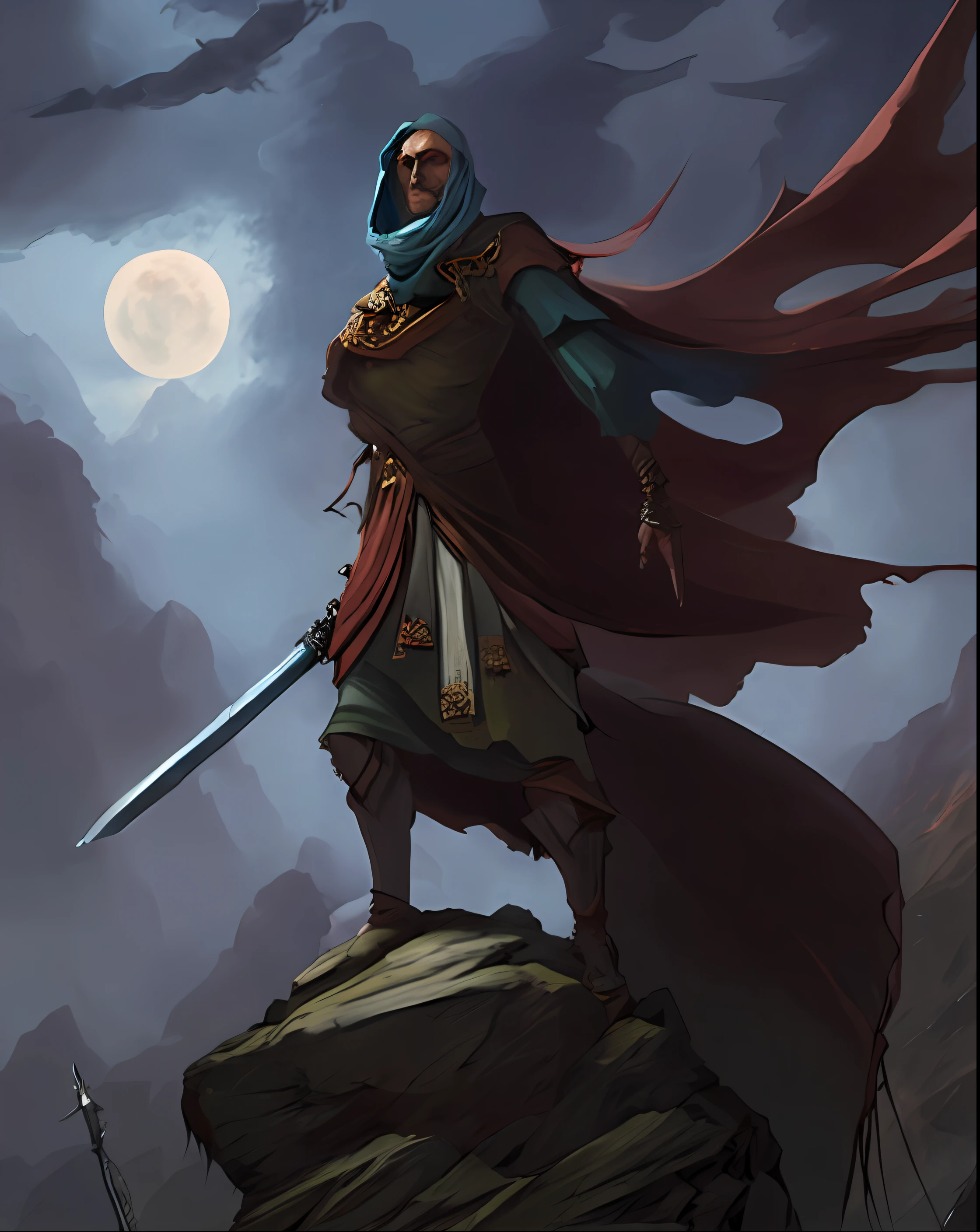 a painting of a man with a sword standing on a rock, Estilo de Peter Mohrbacher, Directed by: Johannes Helgeson, Estilo Peter Mohrbacher, cavaleiro morto-vivo, Pedro Mohrbacher. Motor irreal, dramatic concept art, an ominous fantasy illustration, surpreendente d & d arte do sol escuro, d&d arte do personagem dark sun, the harbringer of death