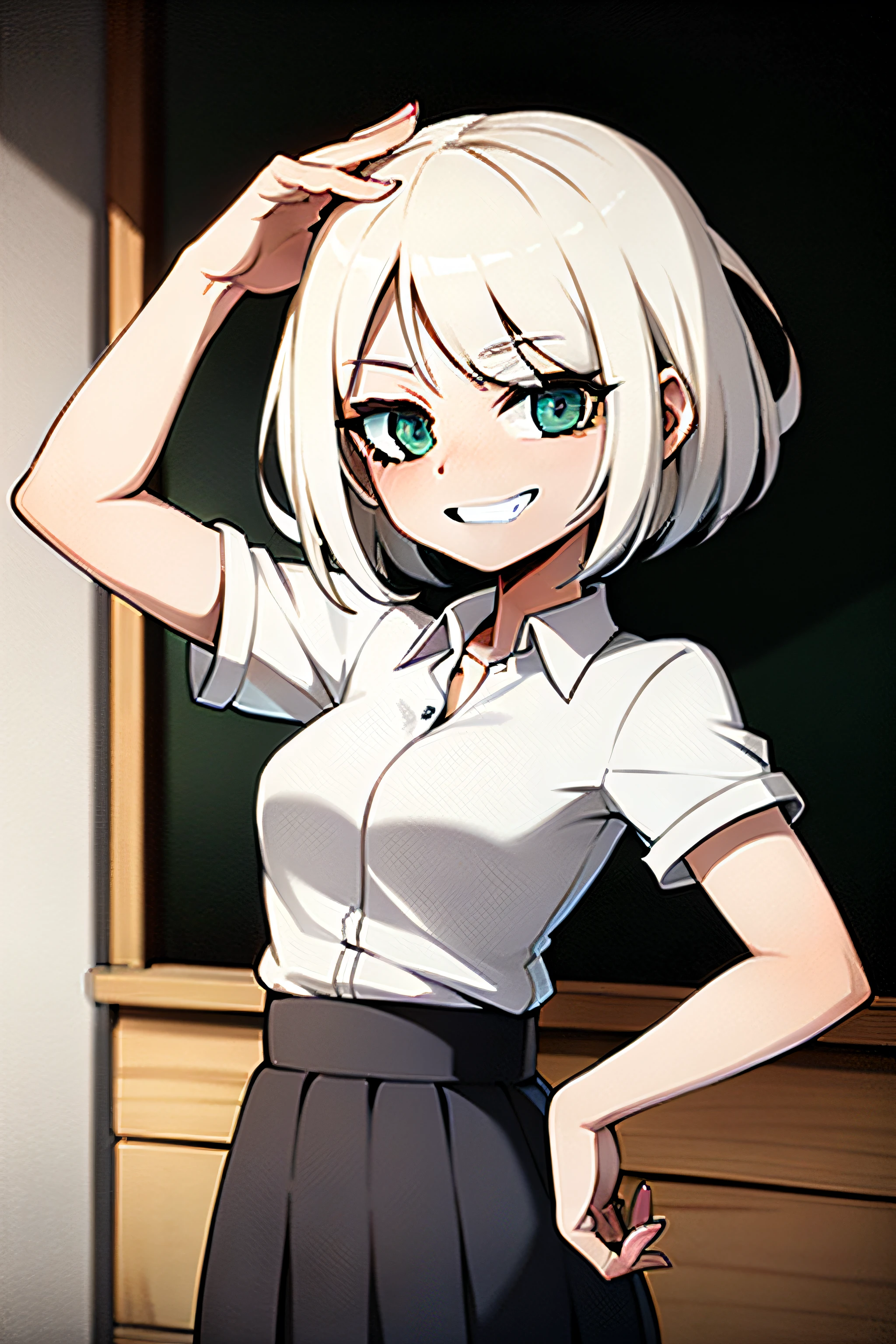 White hair,short detailed hair,White shirt for women,a black pleated skirt,grin face