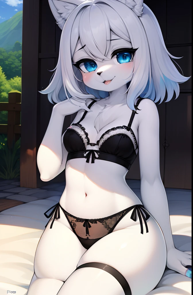 (furry:1.2), foco no corpo, belas luzes e sombras, cabelo branco, olhos azuis, pelo branco fofo, ajoelhado no chao, lingerie rendada, envergonhada, funde beco