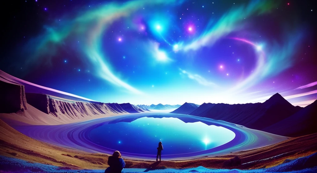 Portrait of several people looking at a cosmic landscape, outro planeta, galaxies in the sky, (greenish sky), (Bluish sky), (Cyan colored sky), (- Indigo Colored Sky), cosmic dust, epic scene, amazing scenery, various galaxies, muitas montanhas, lago irregular.